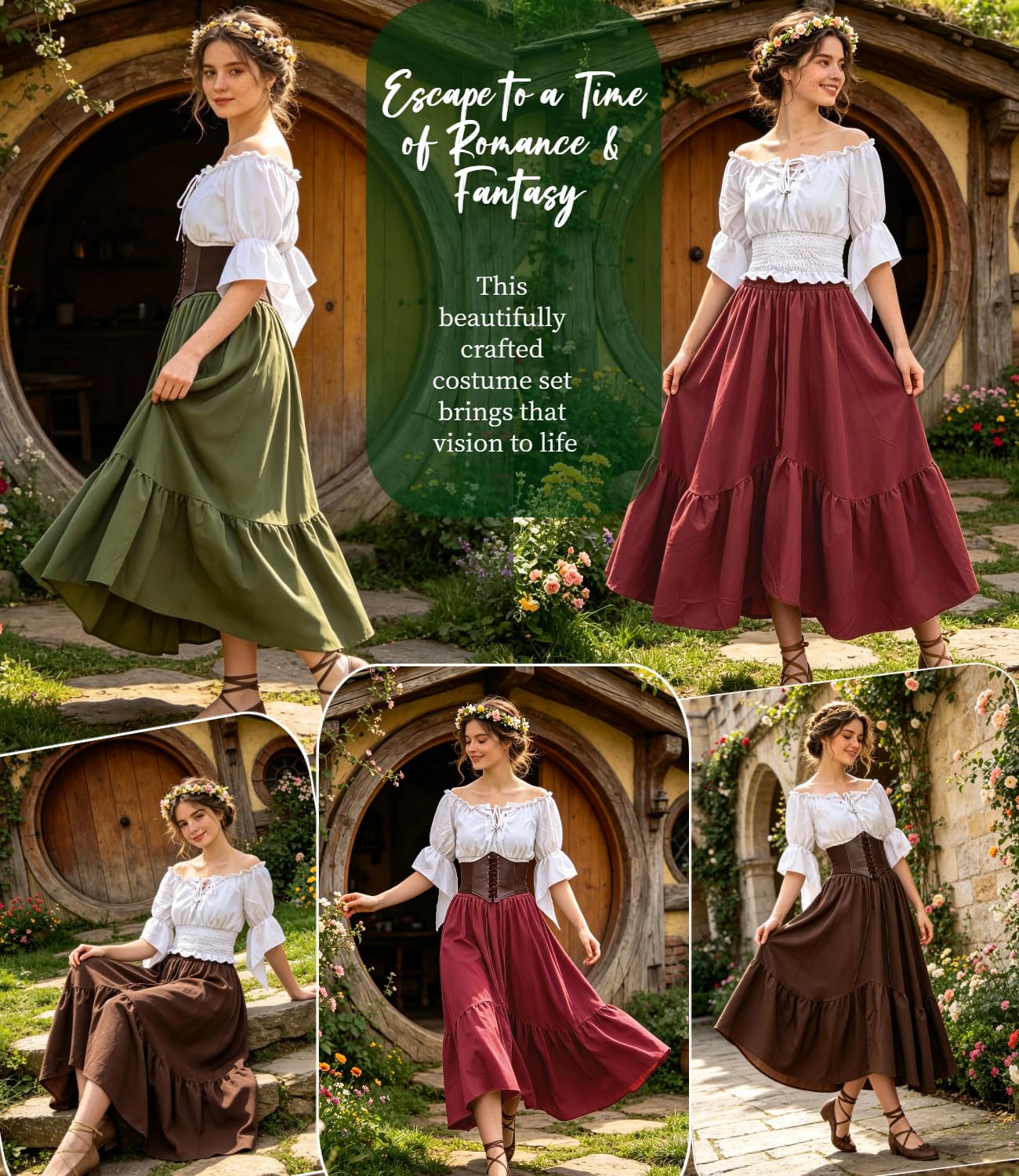 kasahara Costume Médiéval Femme Renaissance Blouse Off Shoulder Manches Évasées Jupe Corset, Déguisement Fée Pirate Sorcière Halloween Carnaval LARP