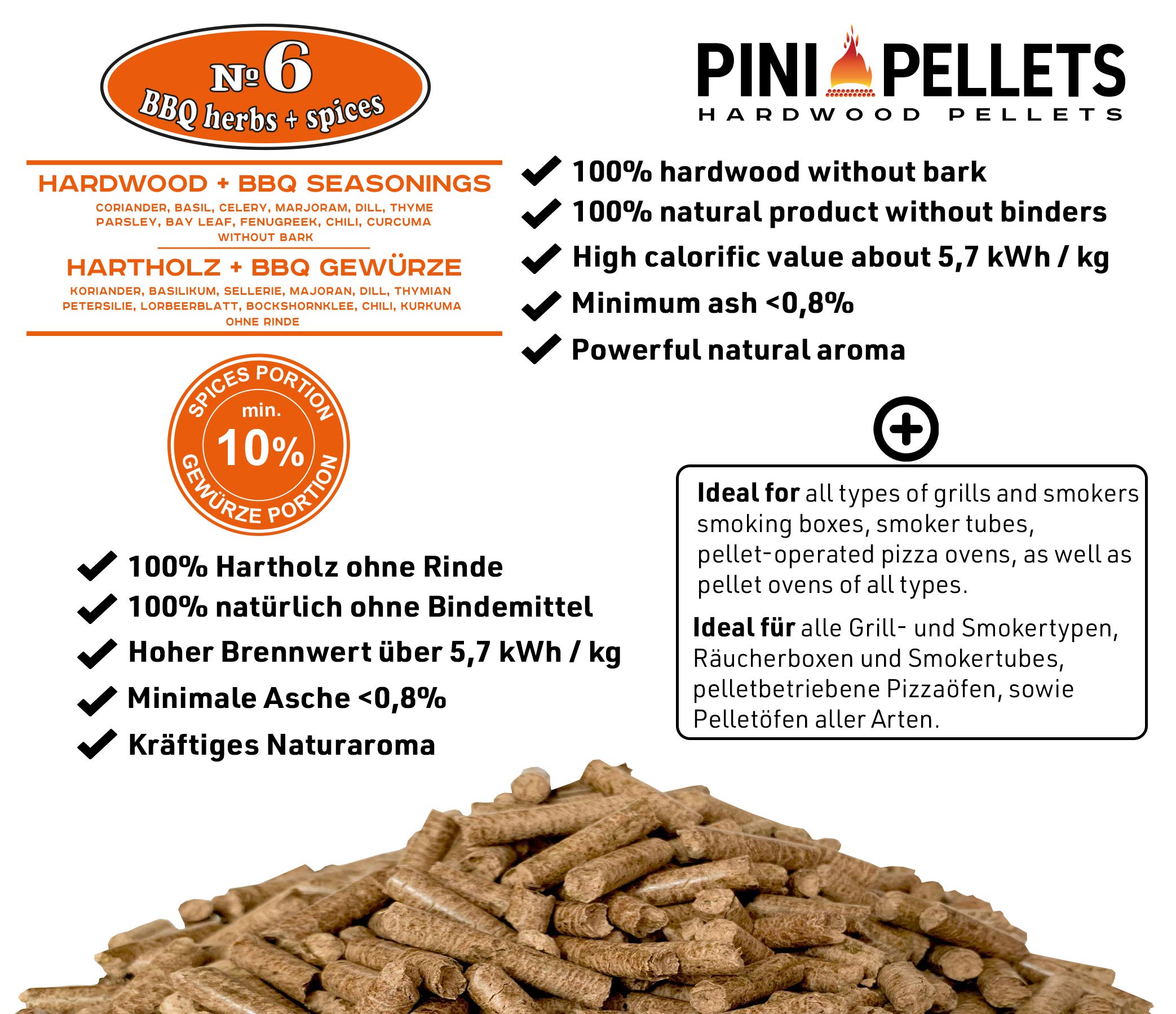 PINI Pellets de Bois Dur №6 BBQ Herbes + épices Grill Pellets pour Griller, Faire Fumer, également pour Les Fours à Pizza à granules
