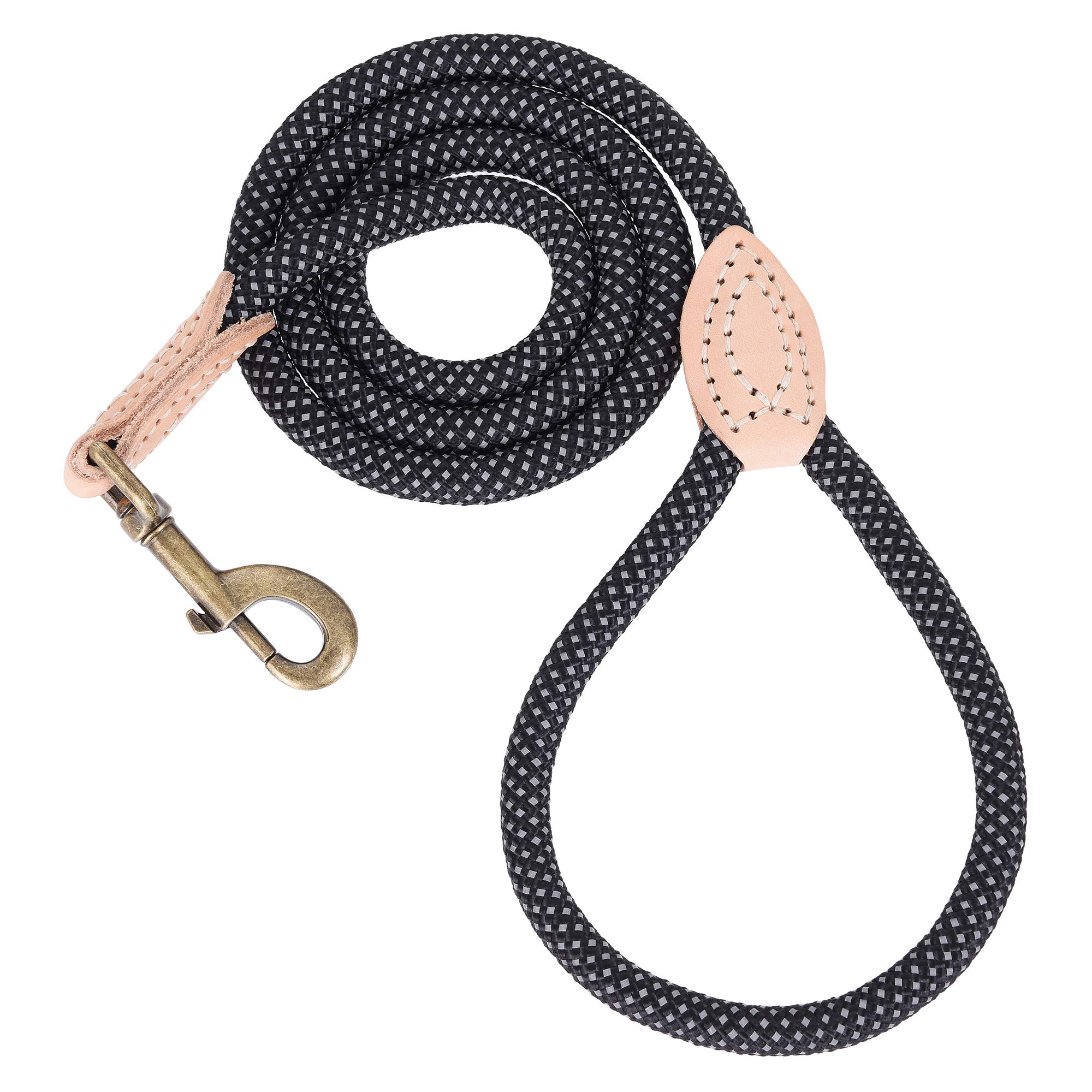 Mile High Life Dog Rope Leash 4 FT with Genuine Leather Tip, Reflective Rope Leash for Medium Large Dogs (Black, 60 Inch)