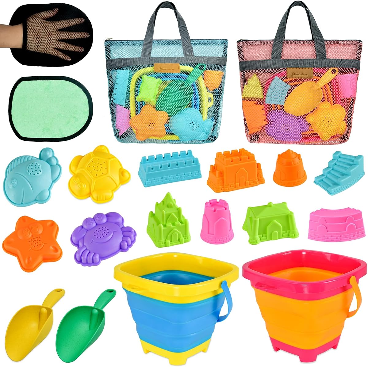 Collapsible Beach Sand Toys for Kids - Travel Beach Toys with 2 Collapsible Beach Buckets, Mesh Bags, Sand Castle Molds, Sand Bucket Shovel Set Sandbox Toy for Toddlers Kids