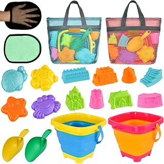 Collapsible Beach Sand Toys for Kids - Travel Beach Toys with 2 Collapsible Beach Buckets, Mesh Bags, Sand Castle Molds, Sand Bucket Shovel Set Sandbox Toy for Toddlers Kids