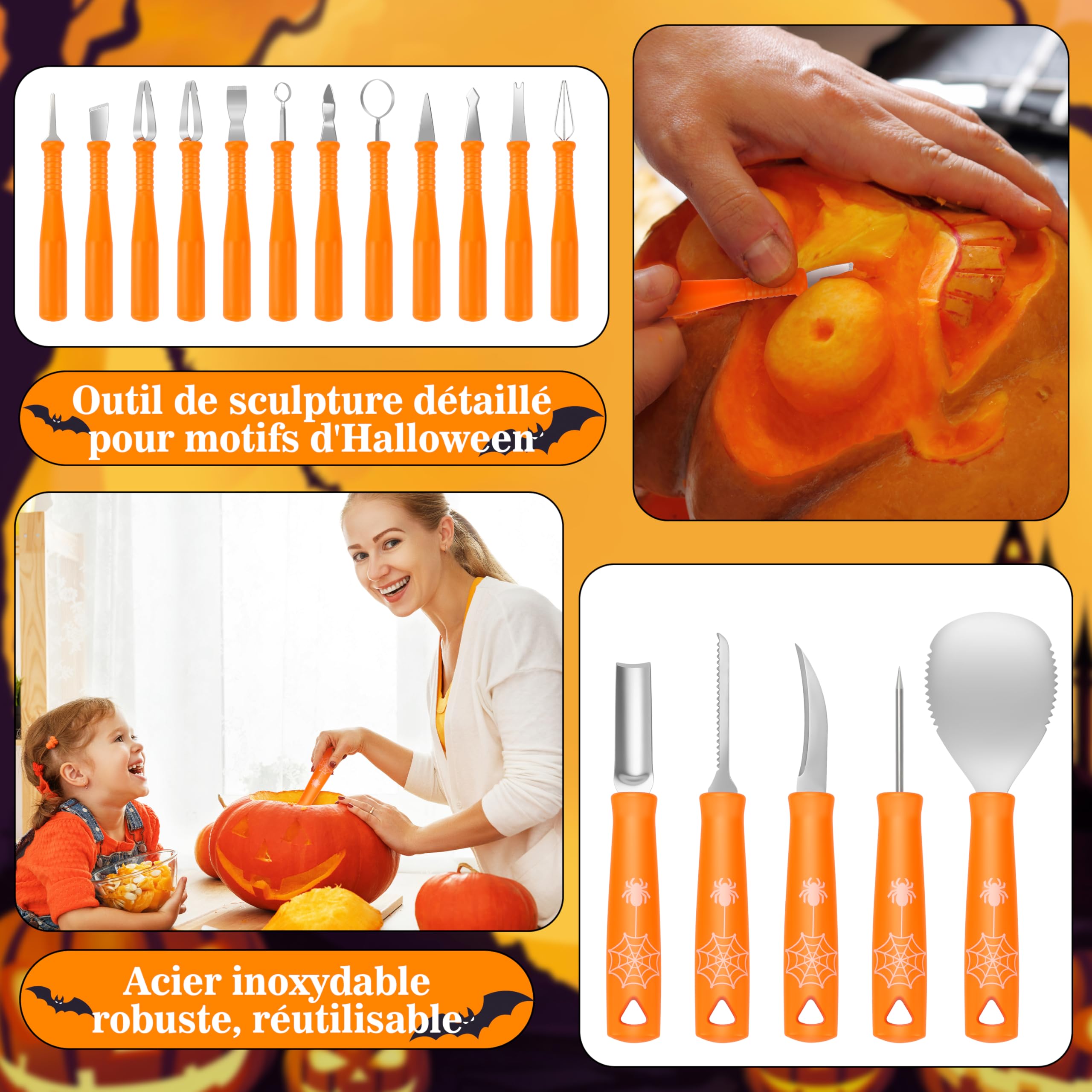 TaimeiMao Halloween Kit Sculpture Citrouille,6Pcs Kit De Sculpture Pour Citrouille Avec 6 LED Bougie,avec 10 Pochoirs Pour Halloween Decoration, Outils De Sculpture De Citrouille Inoxydable