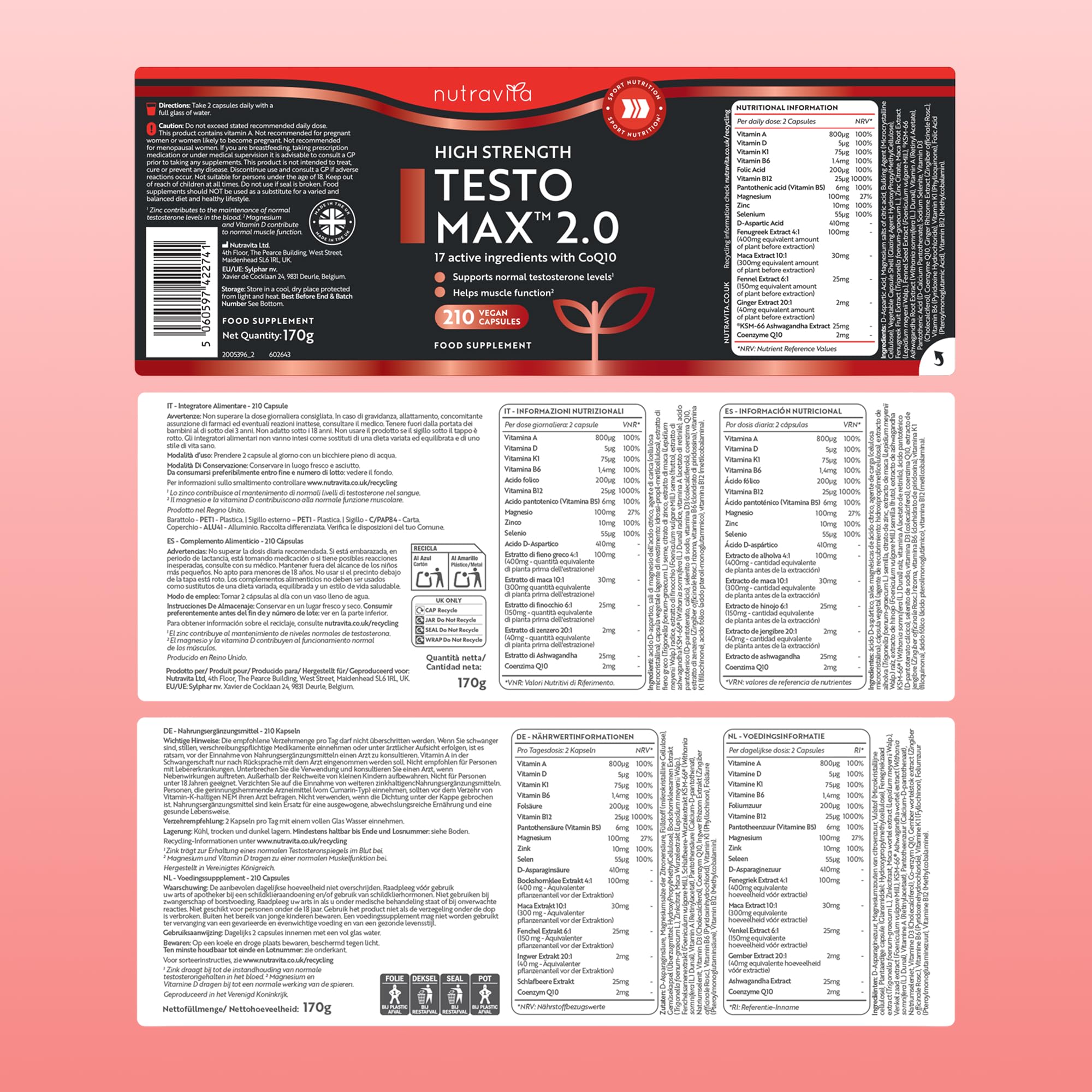 Nutravita Testomax™ 2.0-210 Capsule Vegane - 17 Principi Attivi Tra cui Ashwagandha KSM 66®, CoQ10, Zinco e Radice di Maca - Integratore al Testosterone Uomo - Testosterone Booster Uomo