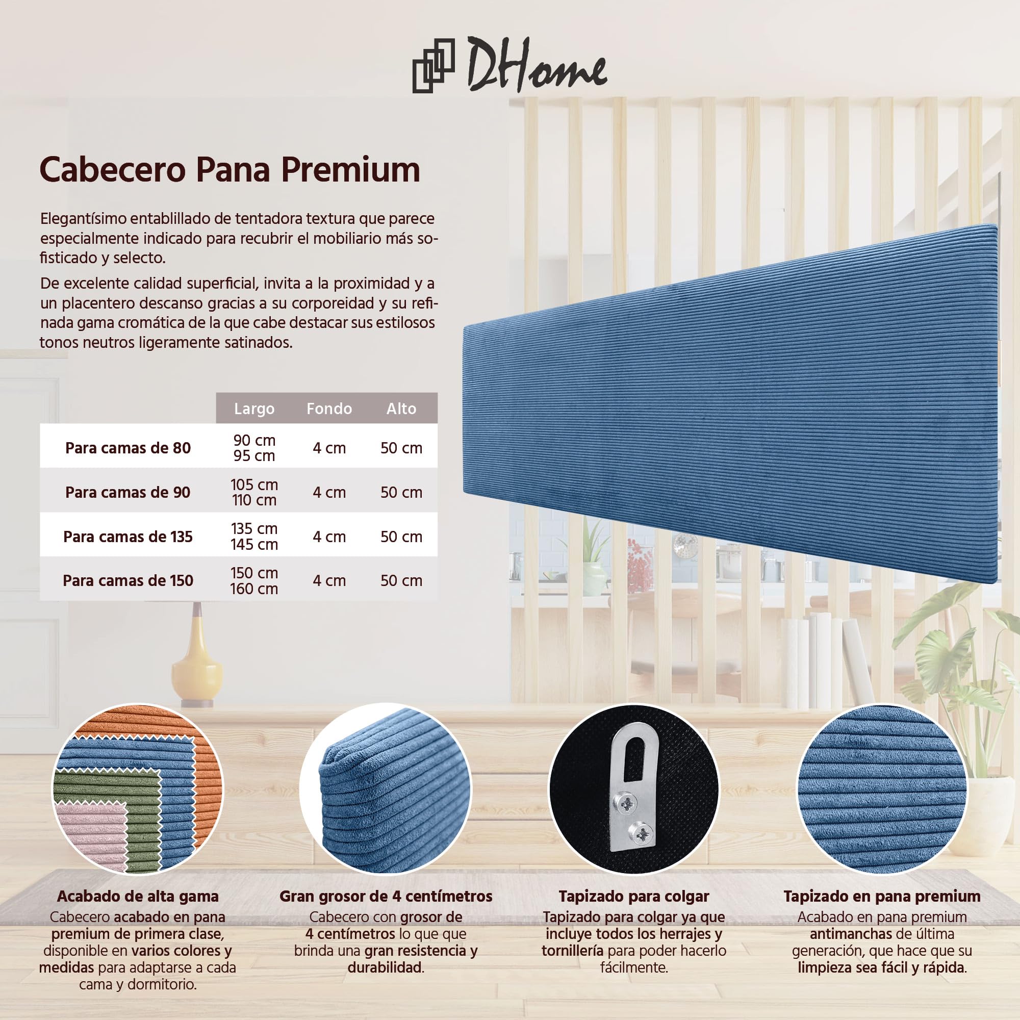 DHOME Tête de lit en Velours Côtelé uni Haute Gamme Moderne Tête de lit Capitonnée, Chambre de Luxe, Rembourrée (Bleu, 135cm)