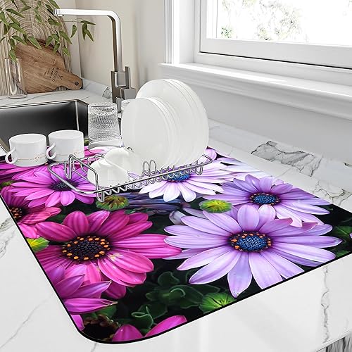 Kitchen Mat Beautiful Purple Flowers Dish Drying Mat 12"x19" Bsorbent