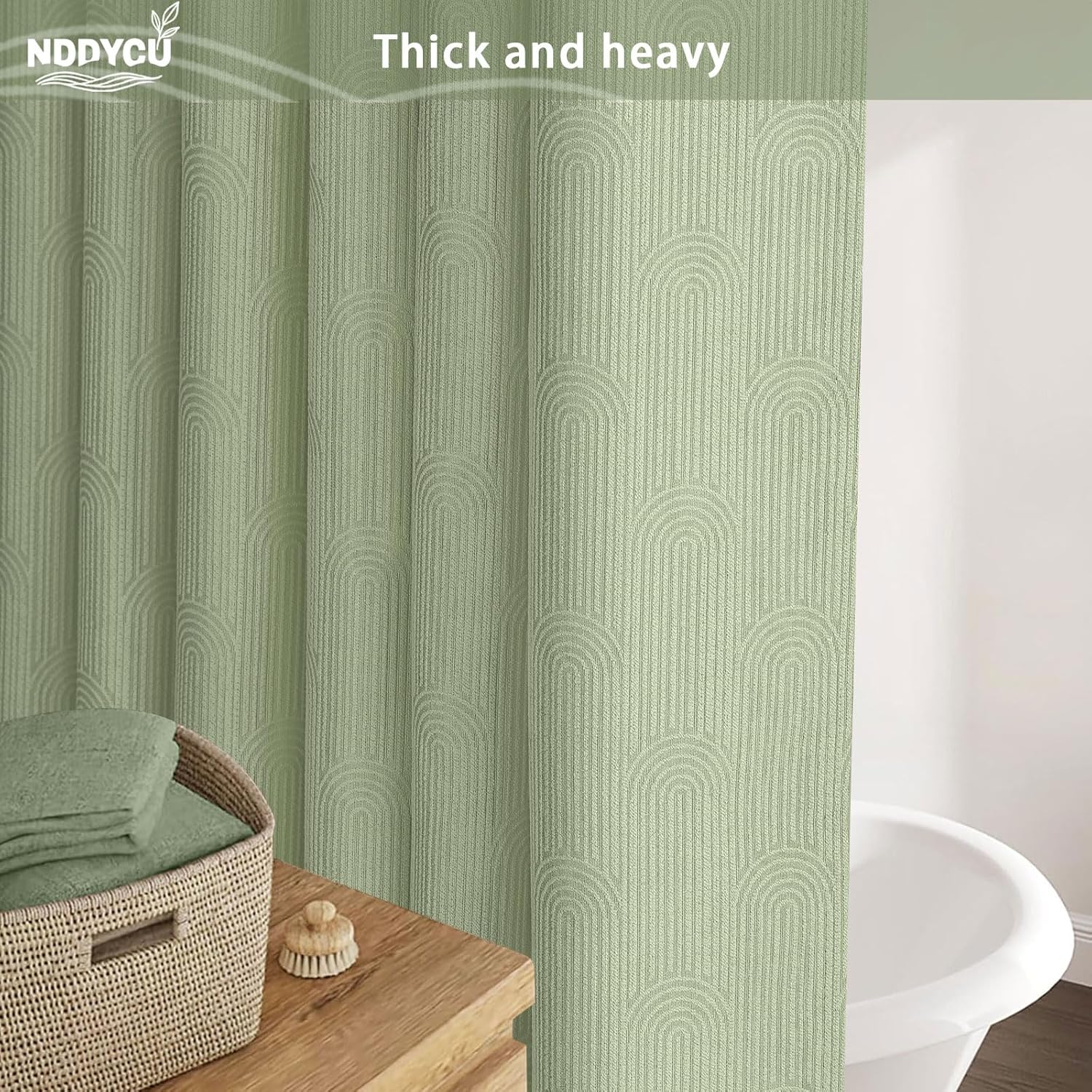 Sage Green Shower Curtain Boho Cotton Texture Mid Century Minimalist Arch Shower Curtain for Bathroom,72" W X 72" L