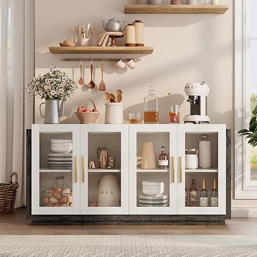 Miniatura 8 de AMERLIFE Aparador de buffet, gabinete de acento de colores mixtos con luces LED, armario de almacenamiento de puertas de vidrio modernas con estante