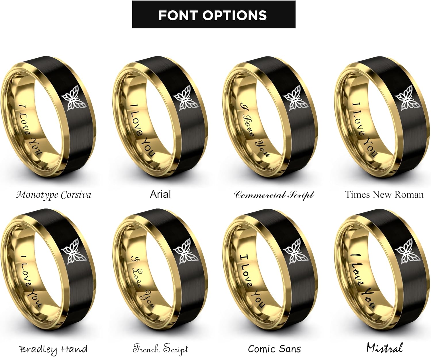 Gift for Fantasy Fan - Mystic Butterfly Ring - 8mm - Anniversary Wedding - Brushed Polished - Personalized Custom Engraving - Yellow Gold Black Silver Blue - Flat Dome Bevel - Tungsten - Band - Men Wo image 5