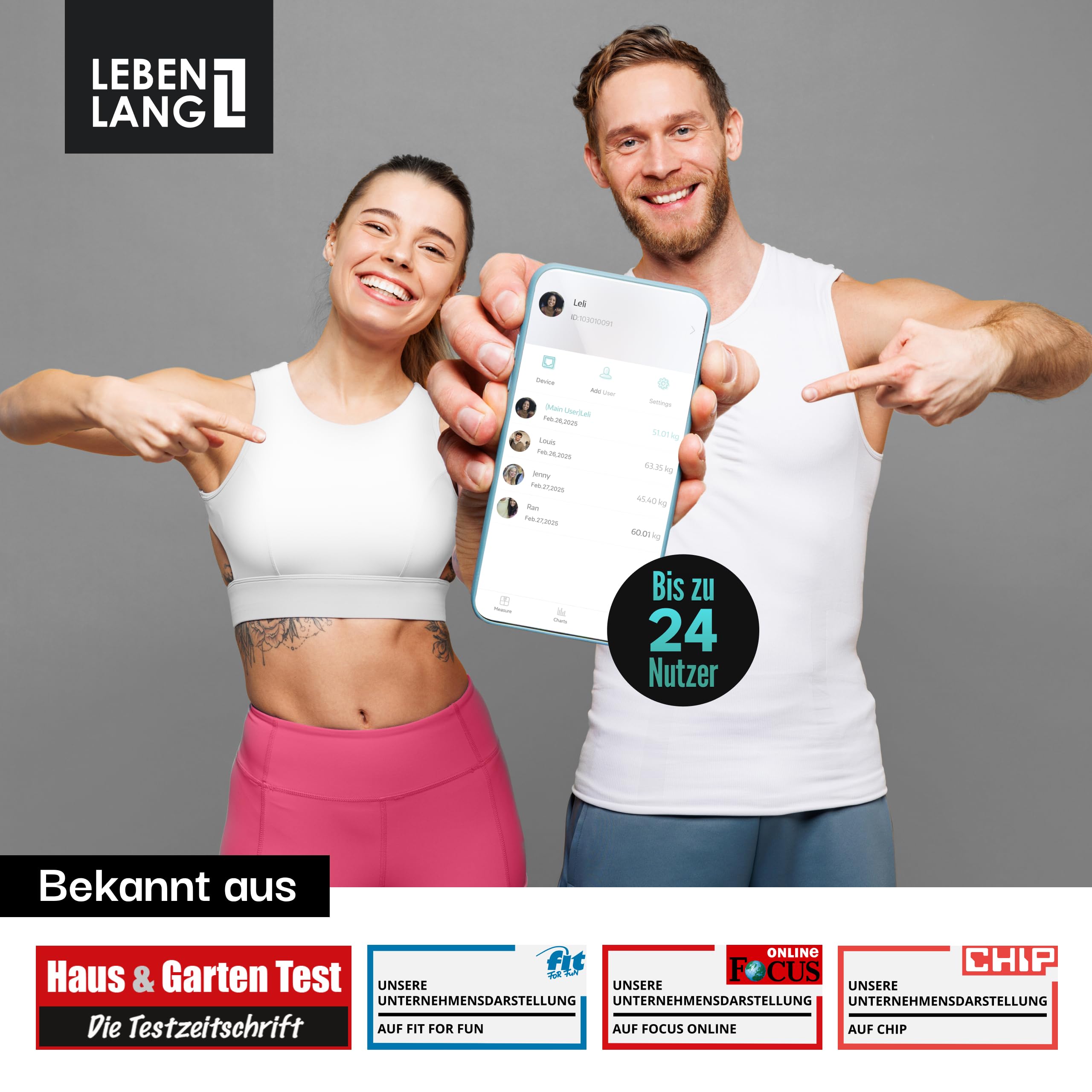 LEBENLANG Fitness Körperfettwaage mit Handsensoren - Großer Display & App Connect I 29 Messwerte bis 180 Kg I Körperwaage Waage mit Körperfett & Muskelmasse I Personenwaage Körperanalysewaage Scale
