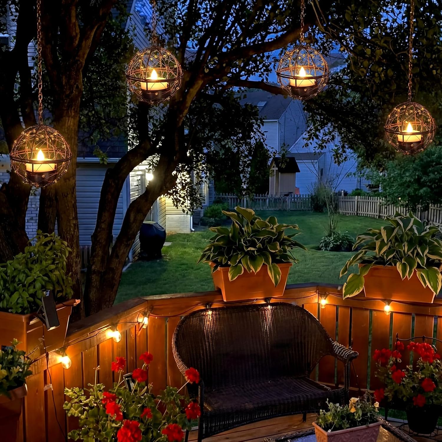VIHOSE 4 Pack Solar Lanterns Outdoor Waterproof, Hanging Solar Lights Iron Ball with Flashing Tea Wax, Decorative Rechargeable Lamp for Backyard Terrace Garden Fence Tree Decoration