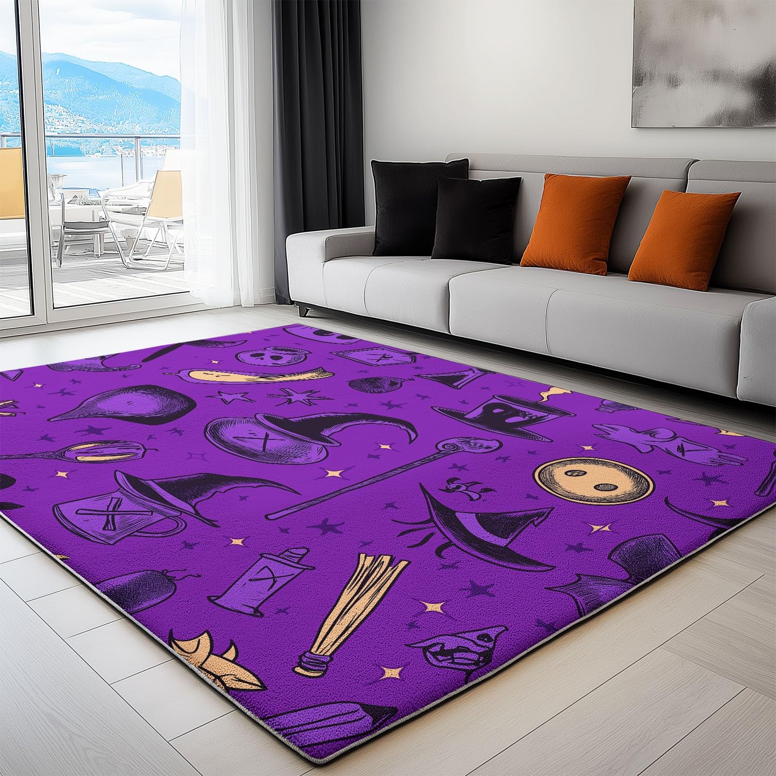 Dywan do salonu, 160 x 230 cm, antypoślizgowy, niskie runo, nie gubi włosia, graffiti, magiczna różdżka, świeca, dywan do jadalni, domowego biura, sypialni, fioletowy