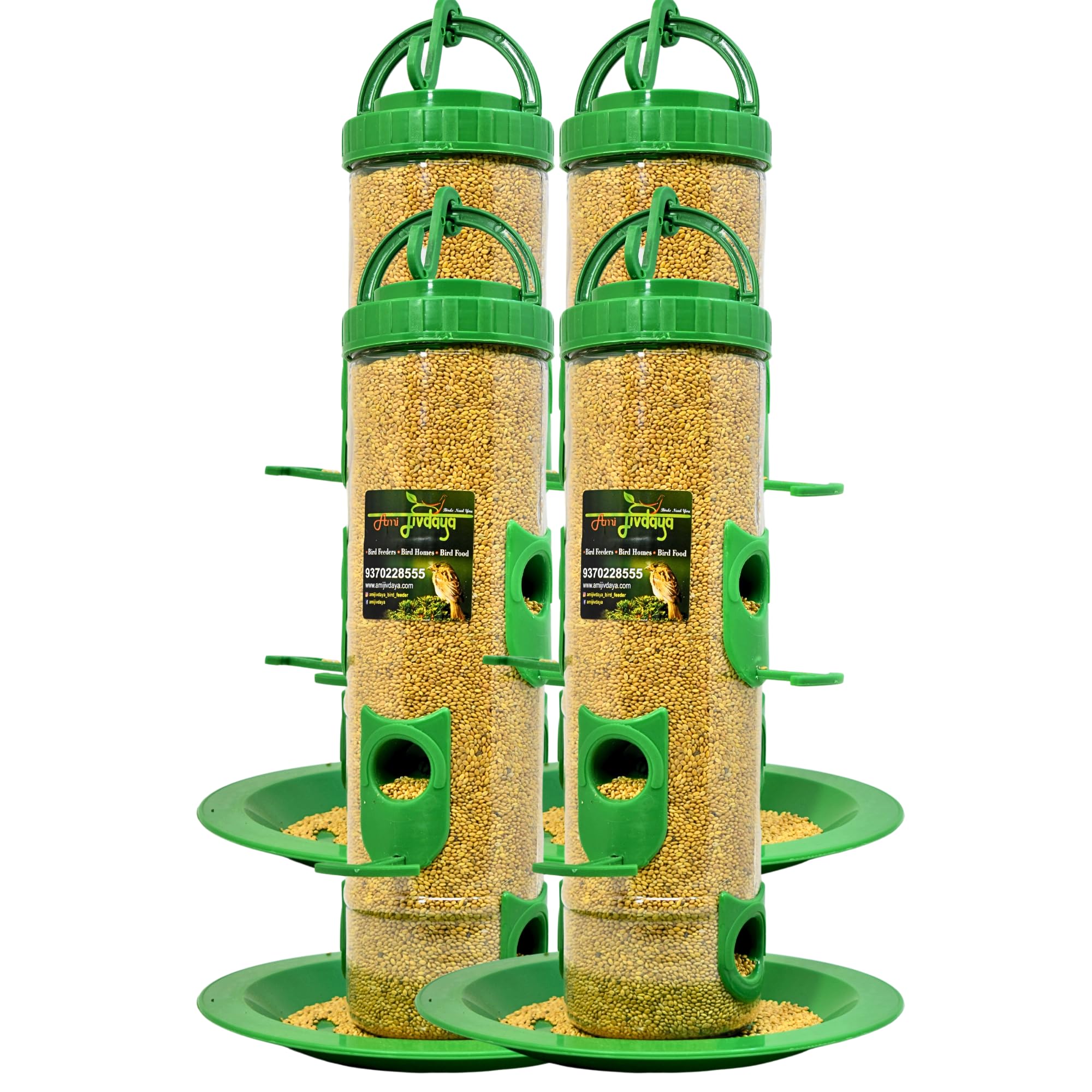 Plastic Large Bird Feeder | 6 Feed Nozzles | 30cm Height | 900gram Bird Food Capacity | Hanging Bird Feeder for Balcony | Bird Food Feeder | Garden Outdoor Hanging Bird Feeder | 4 psc Green