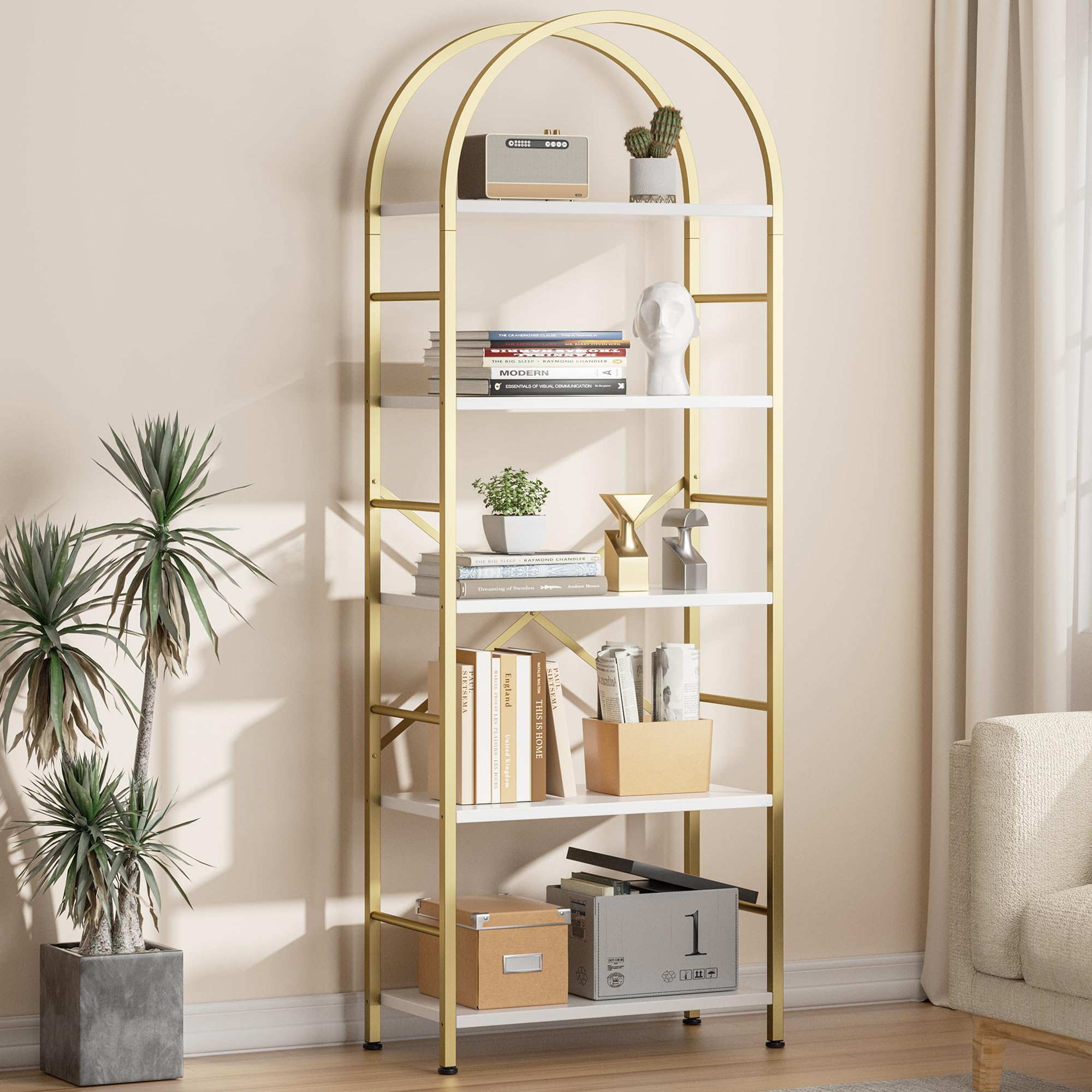 Shintenchi Bookshelf, Arched Bookshelf 5 Tier Bookcase Shelf for CDs/Books, Home Office Bookcase Shelf Storage Organizer, Modern Book Shelves for Bedroom/Living Room, Gold