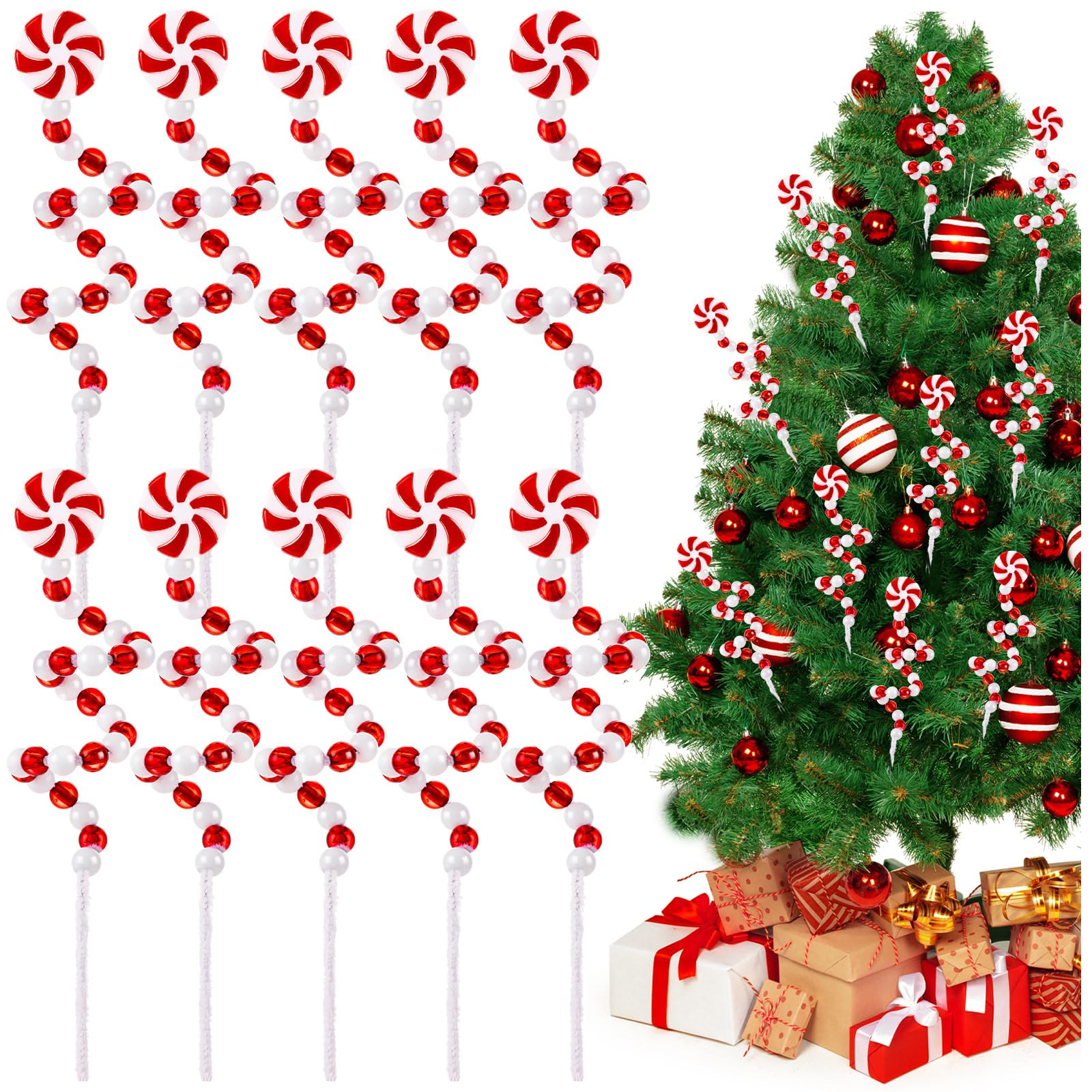 Christmas Candy Curly Pick, 10Pcs Red White Christmas Tree Toper Candy Picks, Christmas Tree Ornaments for Home Office Vase Party Decoration