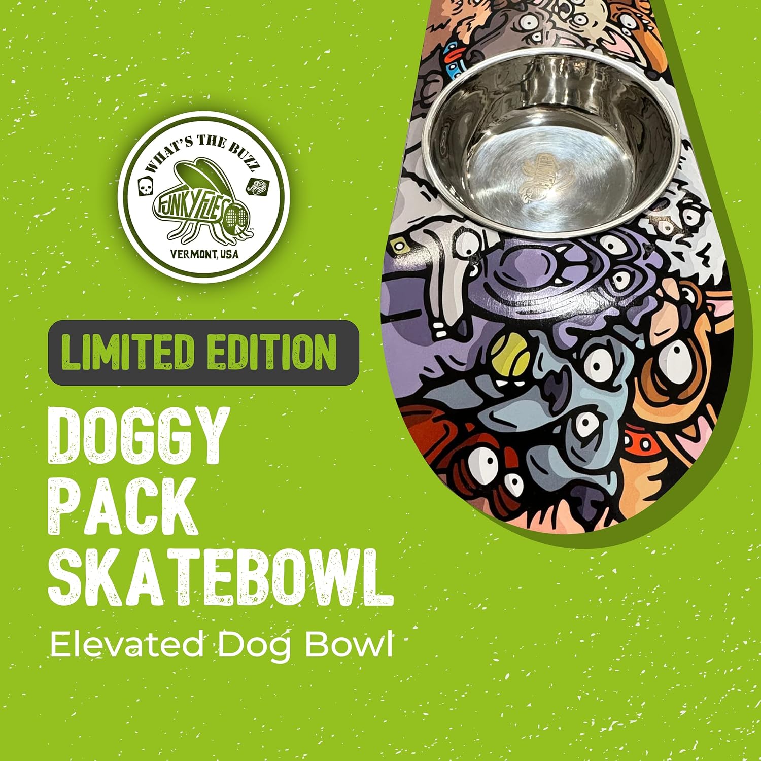Funky Flies Doggy Pack SkateBowl - Elevated Dog Bowl, Elevated Water Bowl, Skateboard Dog Food & Water Stand