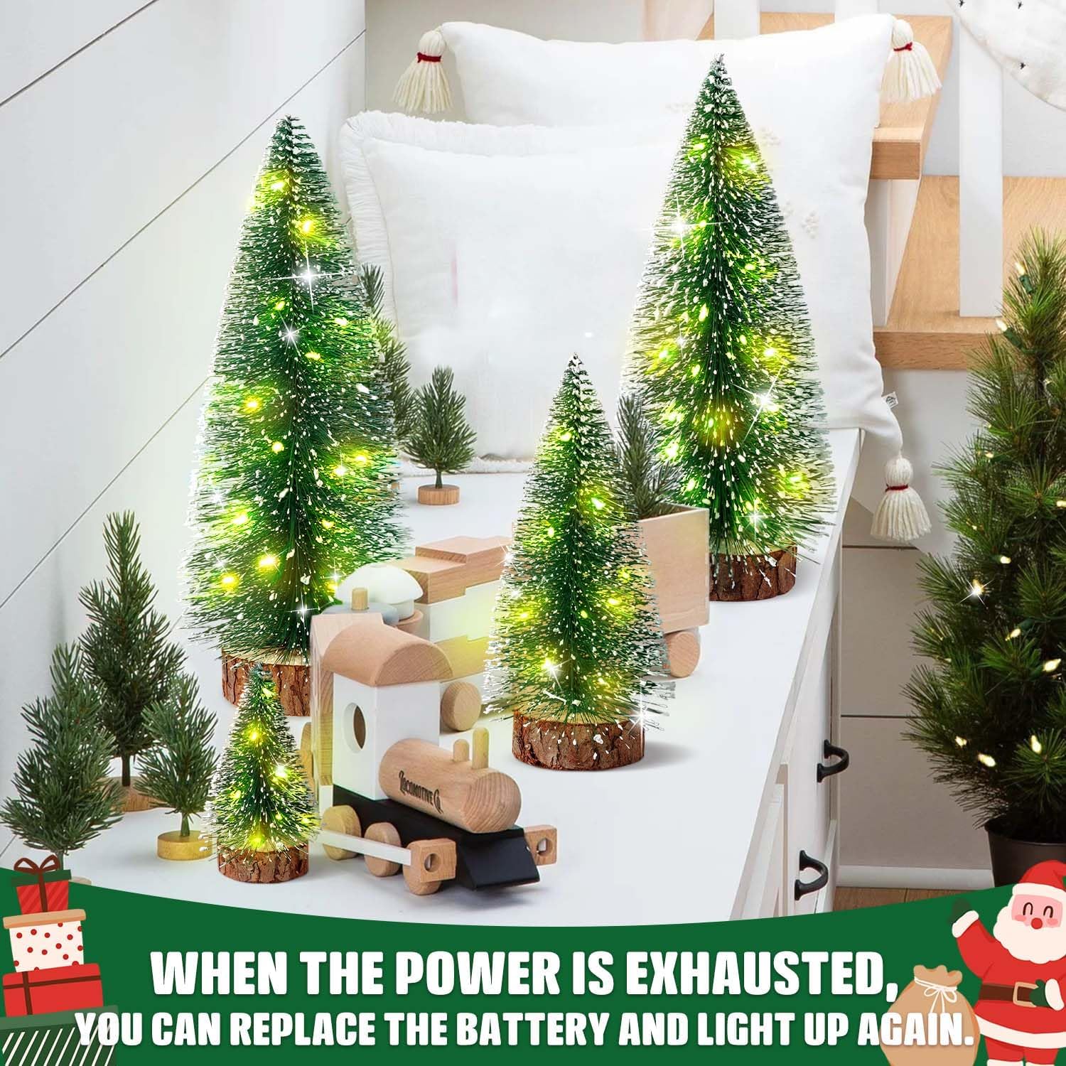 Hatisan 4pcs Mini Christmas Trees with Light, Artificial Christmas Tree Bottle Brush Trees with Wooden Base for Christmas Decor Party Home Table Holiday