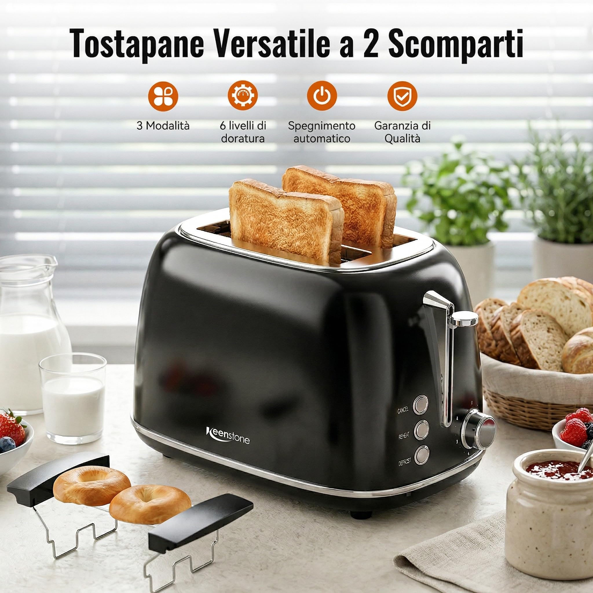 Keenstone Tostapane con pinze Retro a 2 fette, extra larghe in acciaio inox, 6 livelli di doratura, funzioni di riscaldamento e scongelamento; tostapane per toast farciti; Vassoio raccoglibriciole