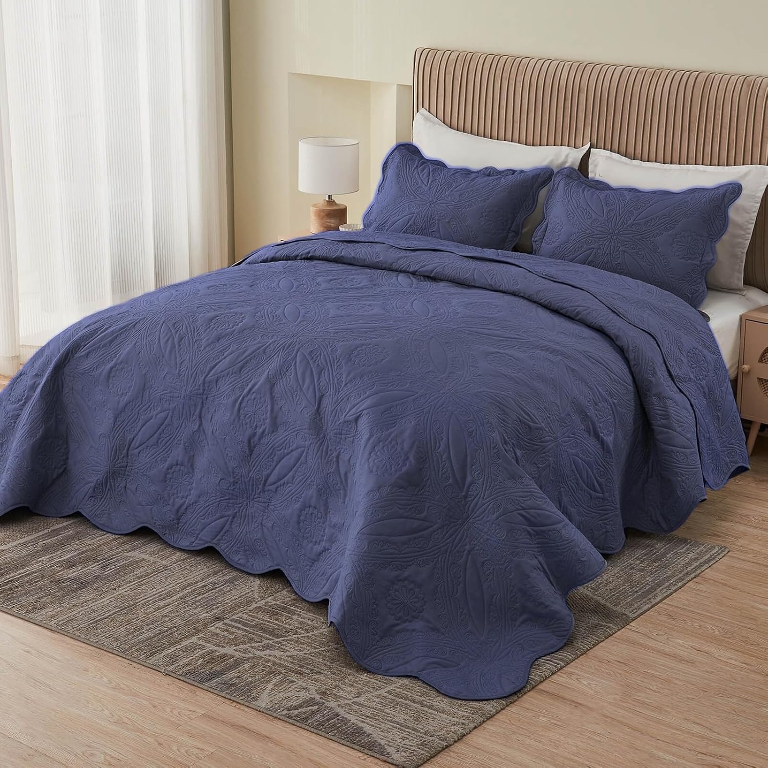 Kingnex Oversized King Bedspreads 128x120 for Extra Wide Tall King or Cal King Bed Ultrasonic Quilted Coverlet Set 3 Piece Include 1 Quilt 2 Pillowcases Patriot Blue Oversized King 128x120 Patriot Blue