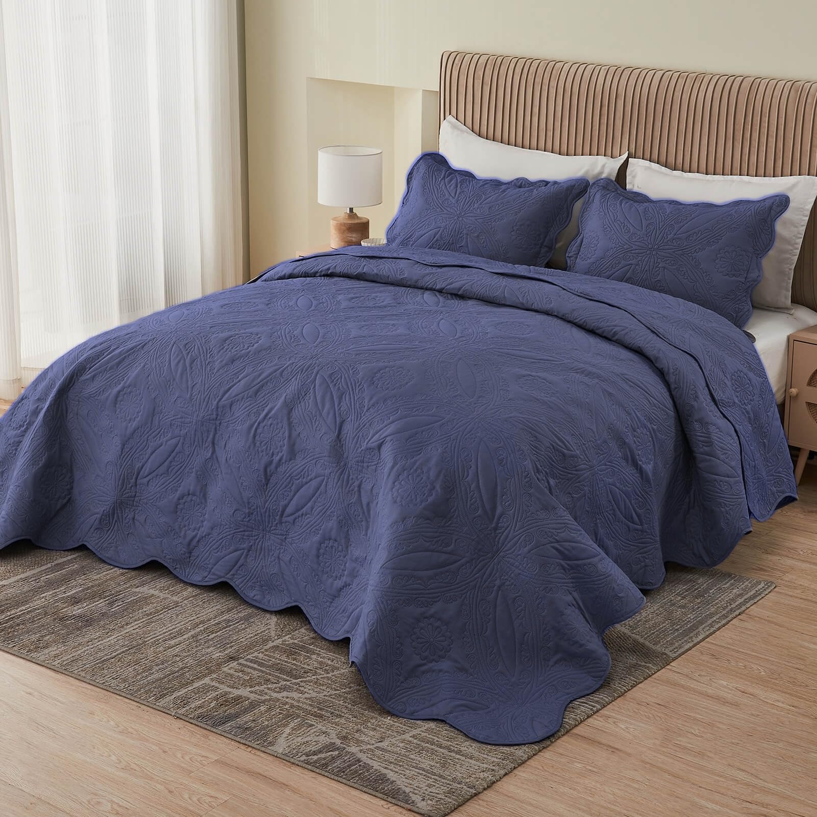 Kingnex King Size Bedspread Soft Lightweight Quilted Coverlet Set 3 Pieces 1 Quilt 2 Pillow Shams Blue