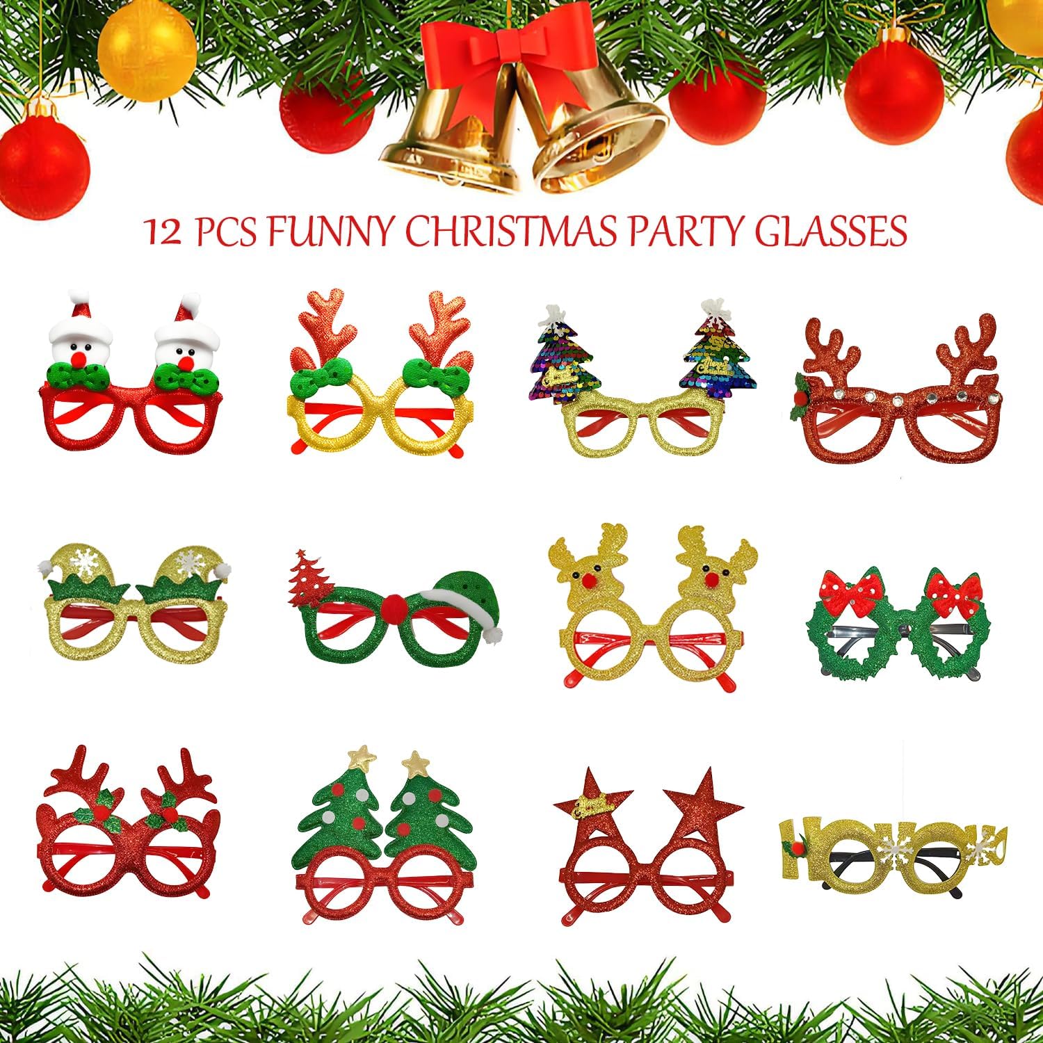 20 Pcs Christmas Headbands and Glasses Set, 12 Xmas Glasses & 8 Christmas Headbands for Photo Booth Props, Festive Party Supplies with Reindeer Xmas Tree Elf Santa Hats for Adults, Family Decor