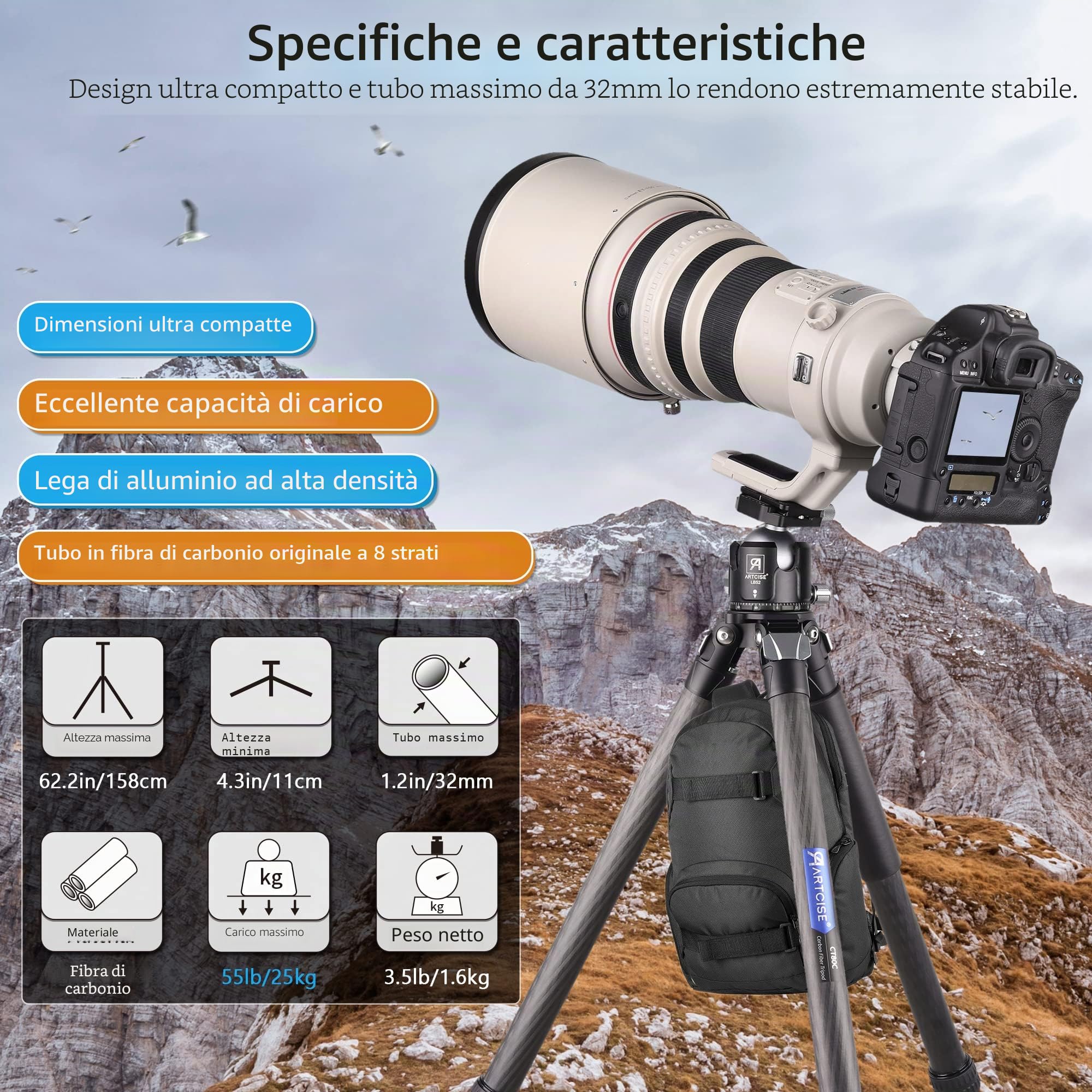 Treppiede compatto in fibra di carbonio con borsa in pietra ARTCISE CT80C Supporto per fotocamera da viaggio resistente per Canon Sony Nikon DSLR SLR Videocamera digitale, carico massimo 25 kg