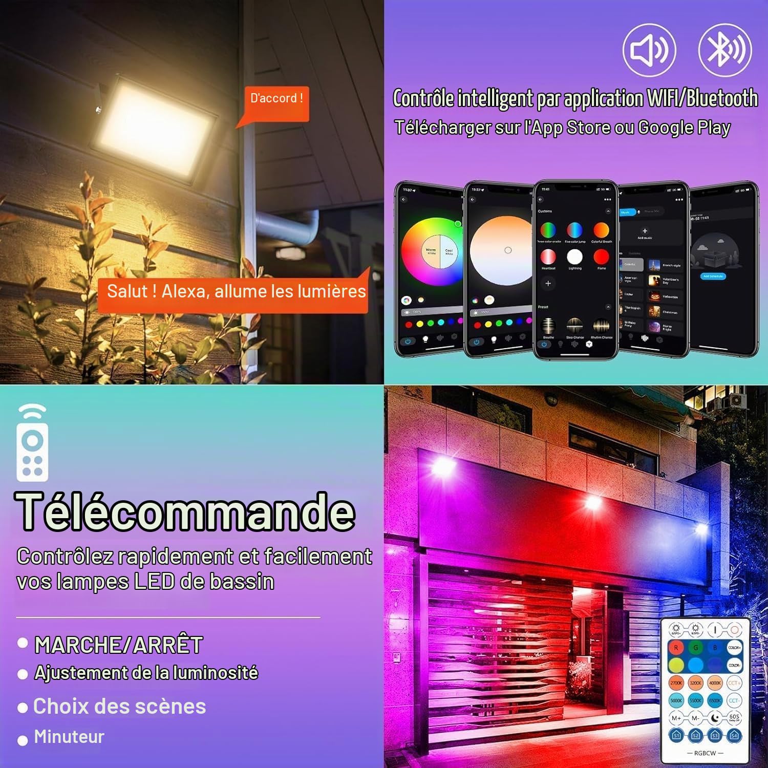 Projecteur LED RGB, T-SUNUS 100W Projecteur LED Couleur Extérieur WIFI avec APP Bluetooth et Télécommande, IP66 Etanche pour Fête Party Arbre Noël 2 Pièces