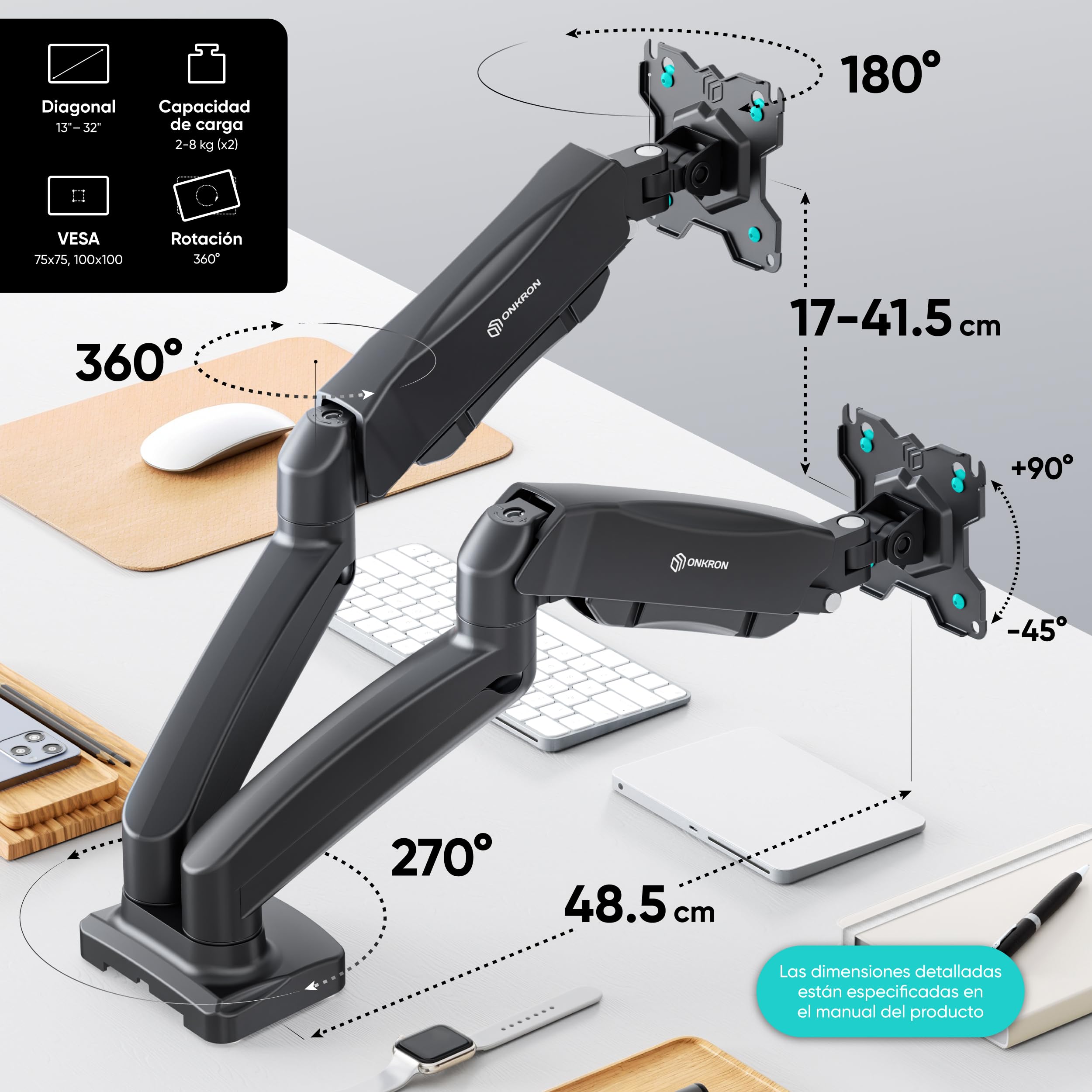 ONKRON Soporte Monitor Doble Brazo para Pantallas 13-32¨Soporte 2 Monitores con VESA 75/100mm, Muelle de Gas de hasta 2 x 8kg, Inclinación Giratorio Rotación con Ajuste de Altura, Negro G160