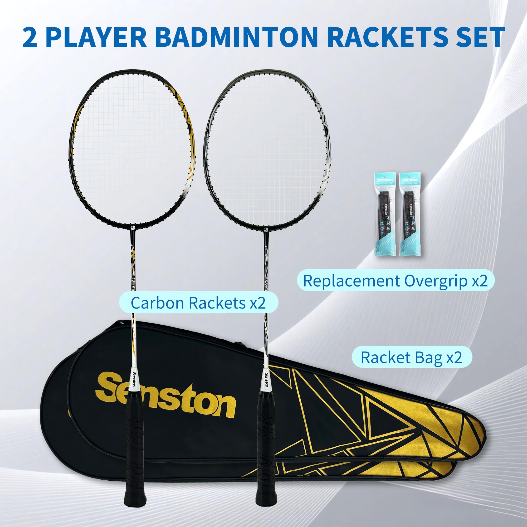 Senston N80 Badminton Rackets Set - Full Carbon Fiber 5U Lightweight Racquets with Anti-Slip Grip & 2 Carry Bags, Outdoor/Backyard Sports for Adults, Teens, Family Games (Yellow+Silvery)
