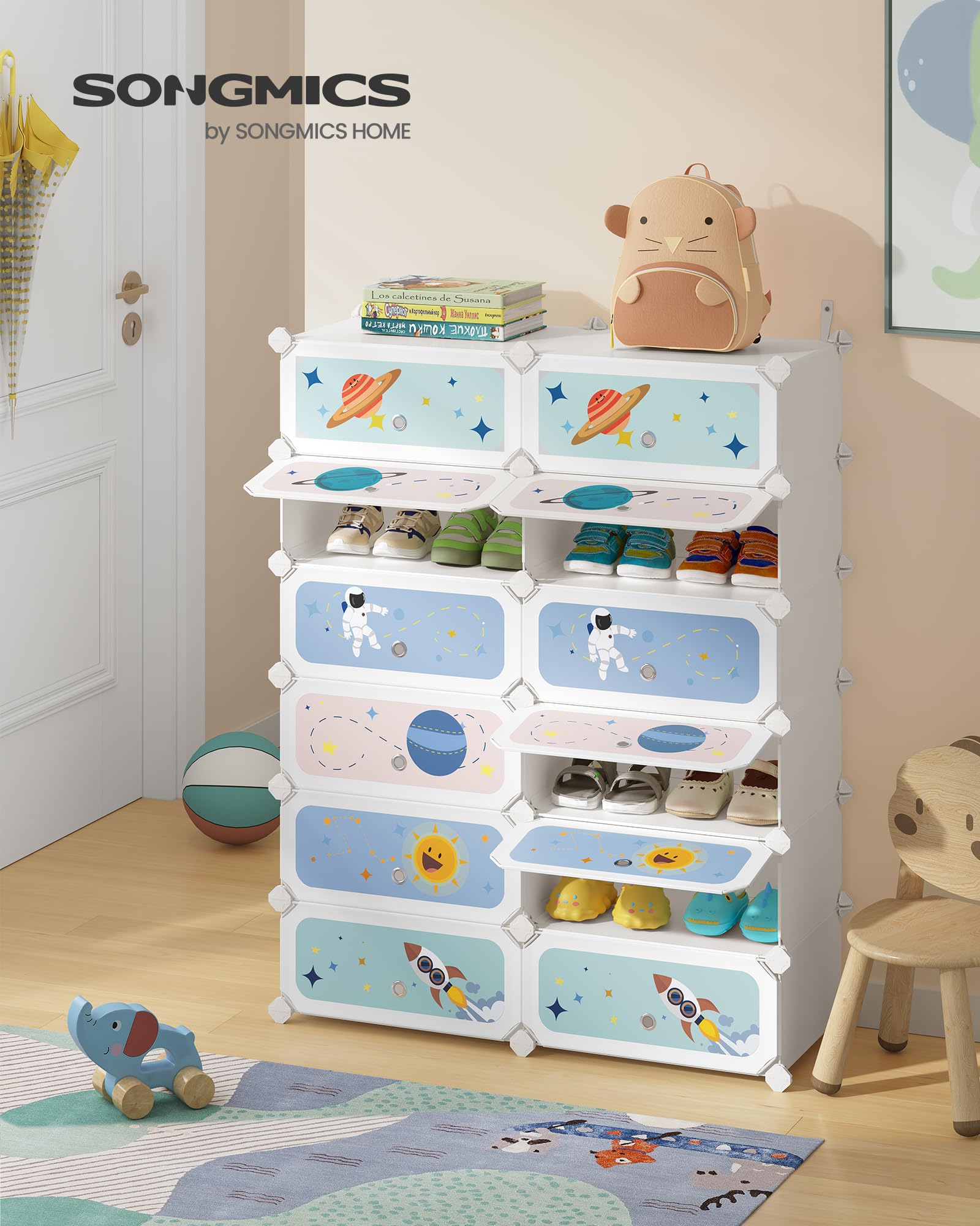 SONGMICS Estantería Modular Infantil 12 Cubos, Zapatero Plástico con Puertas, 31x81x106 cm, Blanco Nube