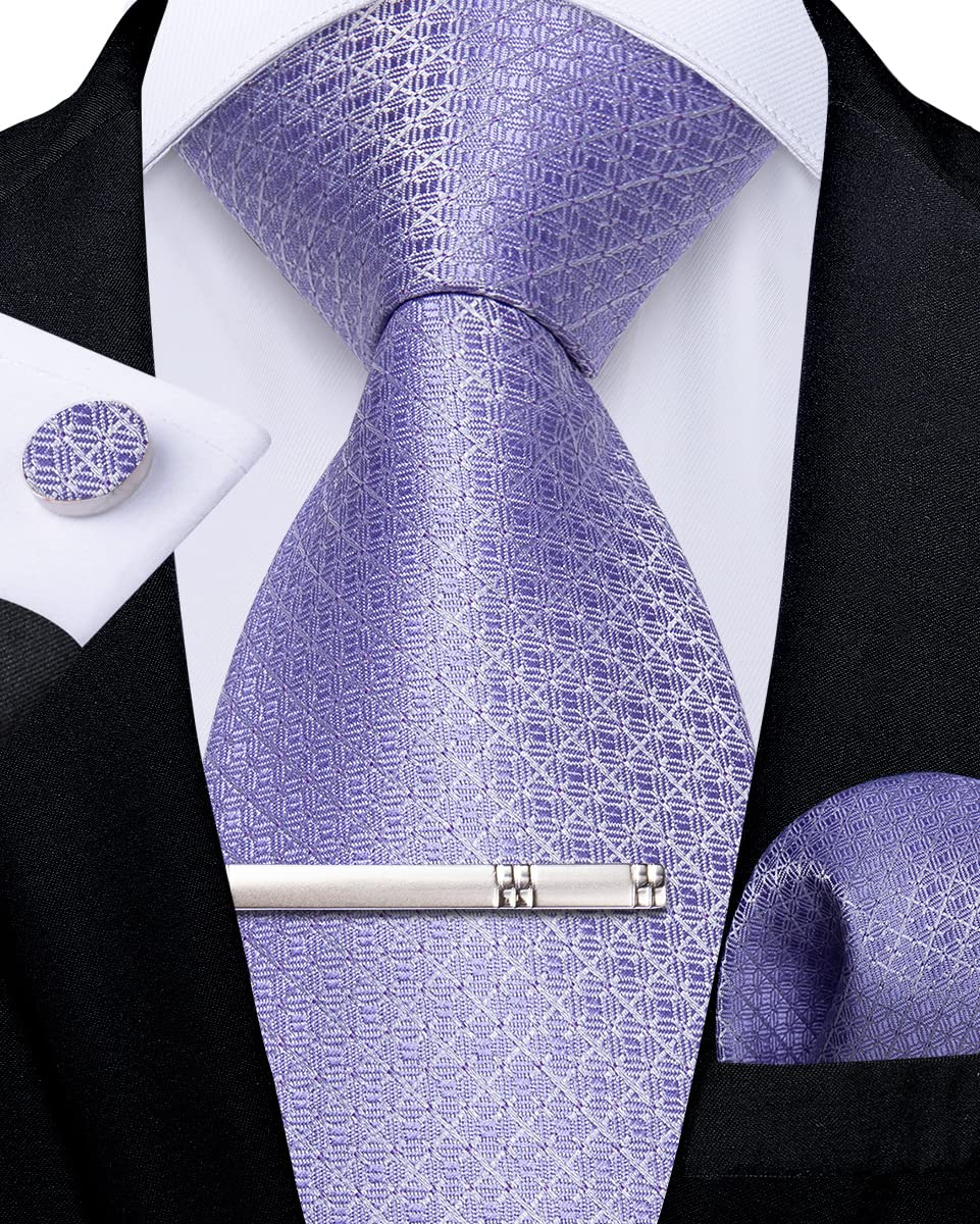 DiBanGu Herren Krawatte Set Seide Gestreift Karierte Krawatte mit Einstecktuch Manschettenknöpfe Krawattenklammer Set für Hochzeit Formell