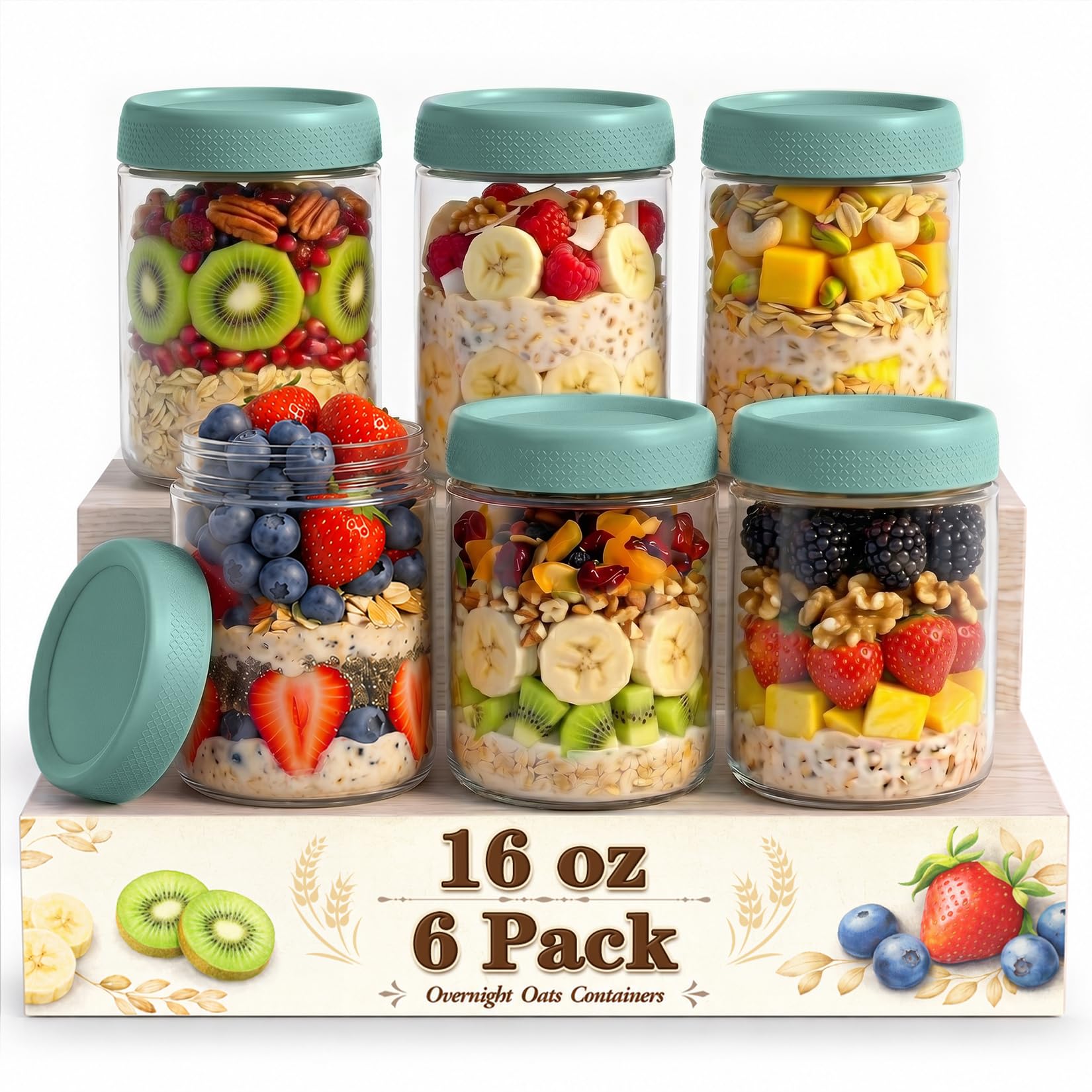Glass Jar with Lid, Mason Jars 16 oz with Lids, Green Overnight Oats Jars