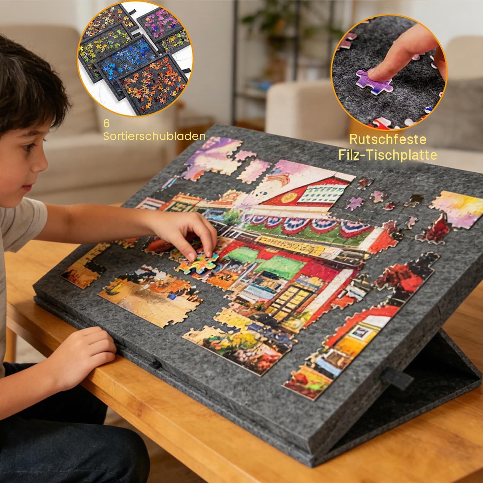 Kippbares Puzzletisch, Puzzlebrett für bis Puzzle 1000 Teile, Tragbarer Puzzle Board mit 6 Schubladen, Leichter Filz Puzzletisch mit 2-in-1-Ständer und Abdeckung, Schwarz