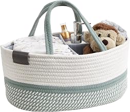 DECOMOMO Diaper Caddy Organizer, Nursery Organizers and Storage, Baby Basket with Removable Divider for Newborn Baby Gift Changing Table Cosmetic (Spiral Green & White, Large)
