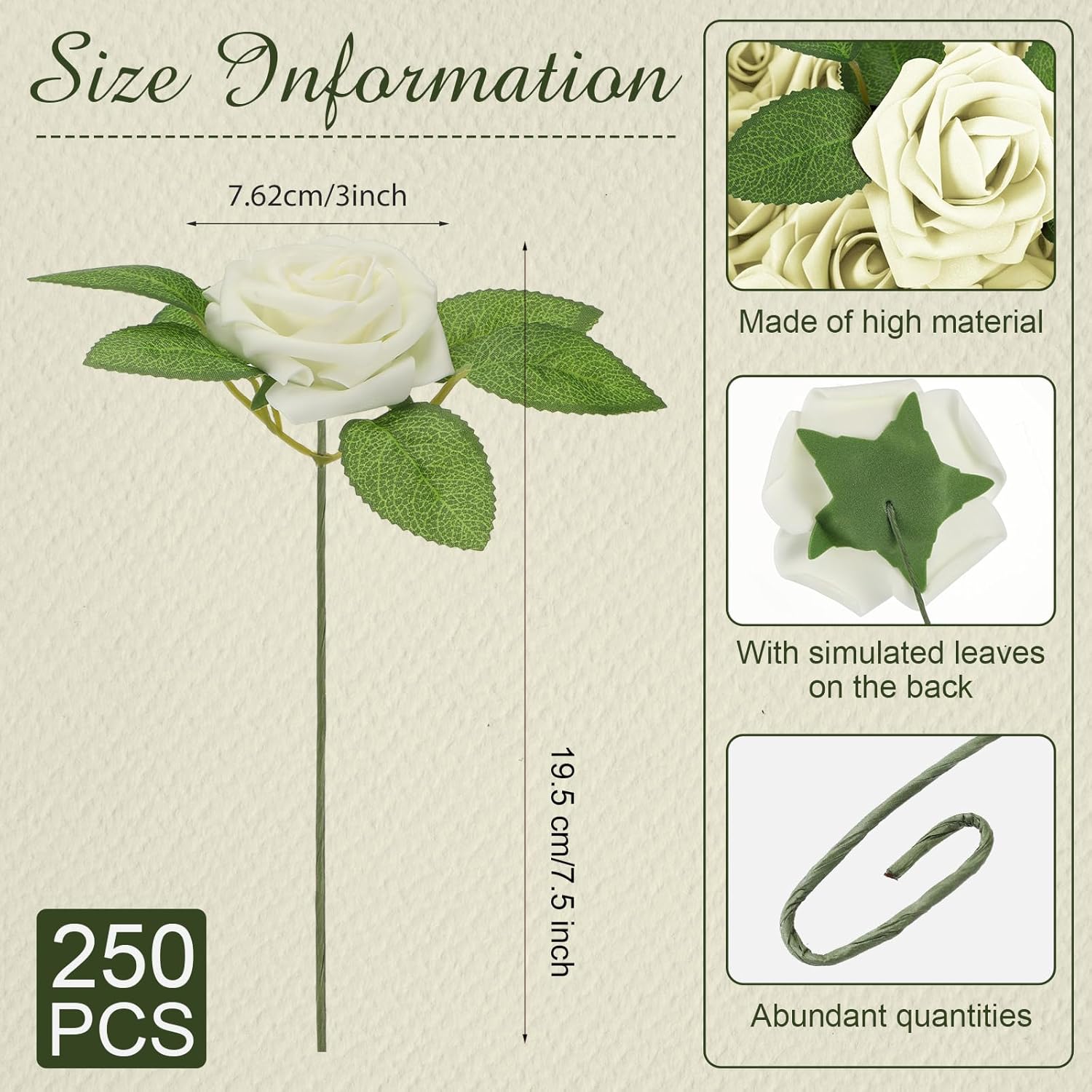 Sherr 250 Pcs Artificial Roses Flowers Bulk Fake Rose with Stem Faux Bridal Flower Centerpiece for Wedding Valentine's Day Christmas Tree Decorations Bridal Shower Party DIY Bouquet(White)