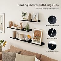 Vista 5 de Axeman Estante de repisa para cuadros Juego de 3 estantes flotantes negros de 16 pulgadas Estantes de pared de madera rústica con borde Estante