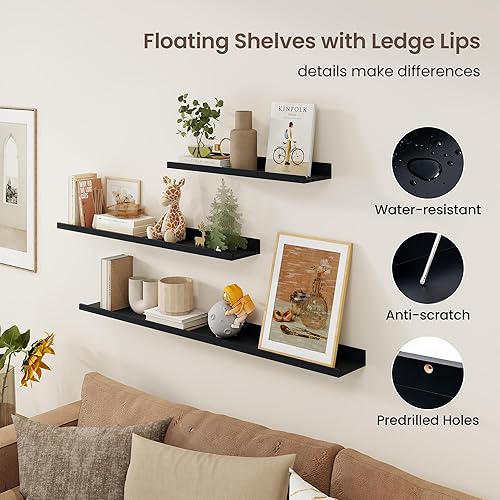 Miniatura 5 de Axeman Estante de repisa para cuadros Juego de 3 estantes flotantes negros de 16 pulgadas Estantes de pared de madera rústica con borde Estante