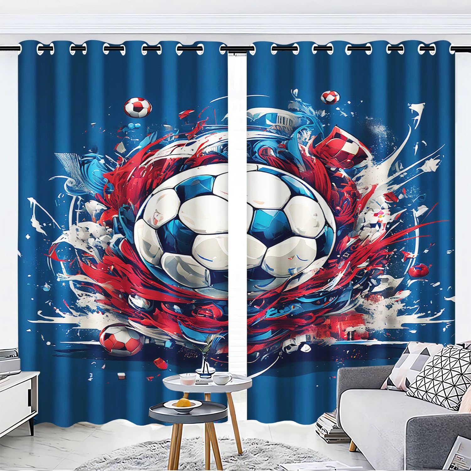 Rideaux de terrain de football, Rideaux à motifs 3D de football bleu avec œillets, Rideau occultant pour enfants à motifs de ballon de football colorés, Rideaux pour garçon pour chambre à
