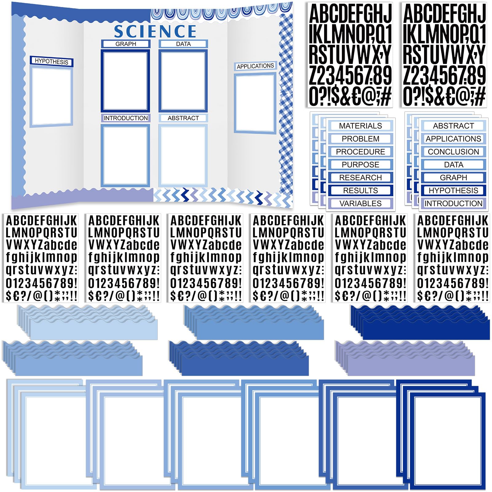 Sinload 92 Pcs Science Fair Board Supplies 60 Trim Scalloped Poster Boards 18 Presentation Subtitles 6 Project Titles 8 Letter Sticker for Classroom Display Boards(Blue Tone,Wave)