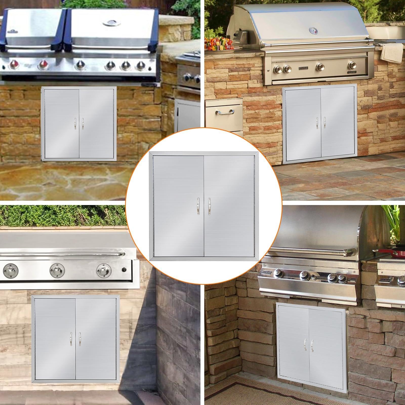 Garvee Puerta Doble para Cocina Exterior 77,5 × 53,3 cm, Acero Inoxidable, Puerta de Acceso BBQ Empotrable con Cierre Magnético, Resistente al Agua y a la Corrosión