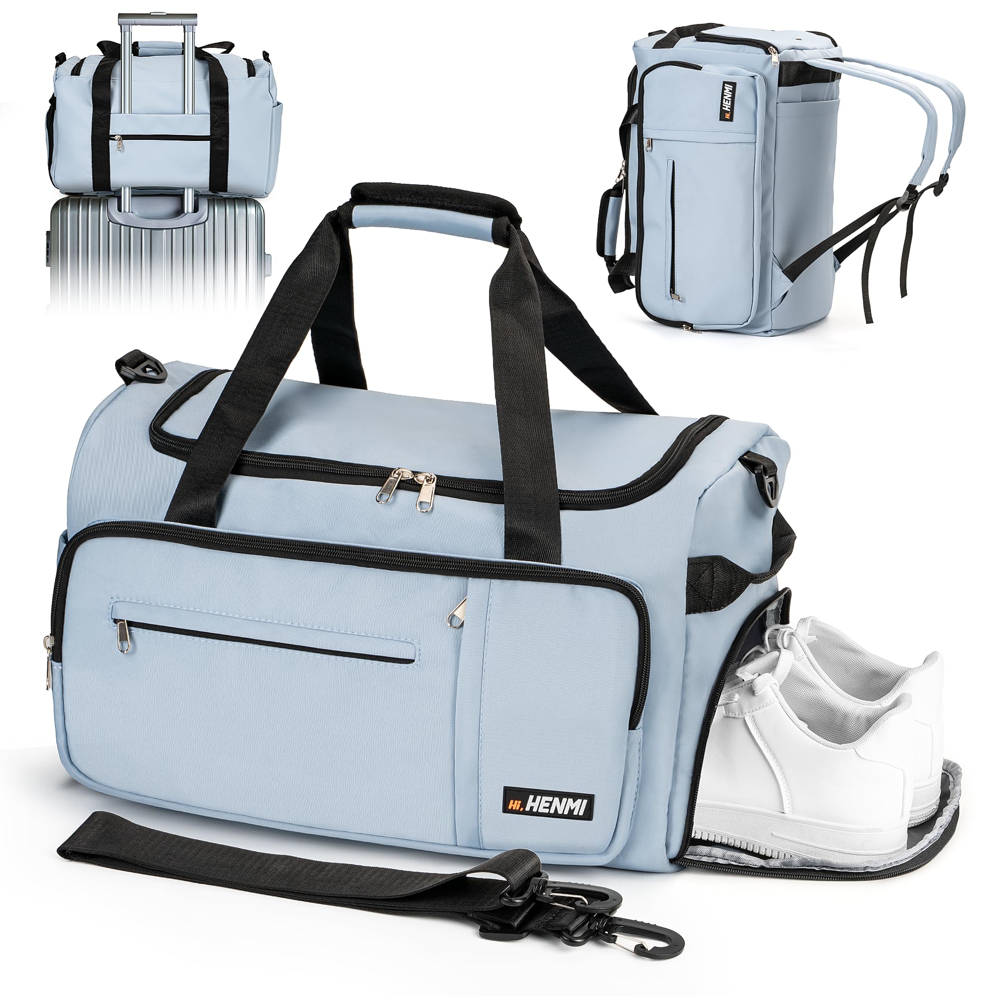 HENMI Sports Bag & Travel Bag for Men and Women, 43L Large Gym Bag with Shoe Compartment and Wet Compartment, Foldable Gym Bag for Sports and Travel, Sports Bag, Fitness Backpack Training Bag, blue