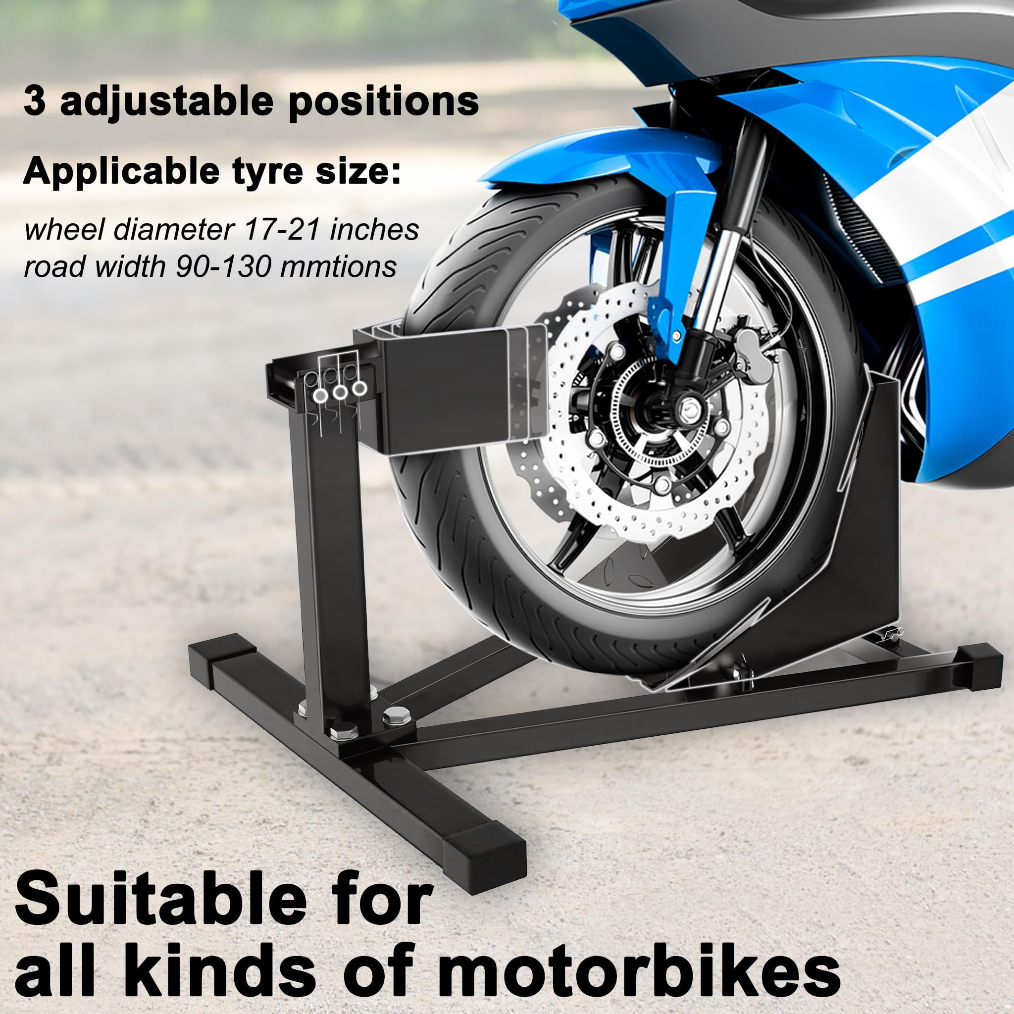 UISEBRT Stahl Motorrad Vorderradstütze - Montageständer passt Reifen von 17"- 21" Größe und 90-130 mm Breite - mit rutschhemmenden Gummifüßen, Abmessungen: 620x460x410 mm
