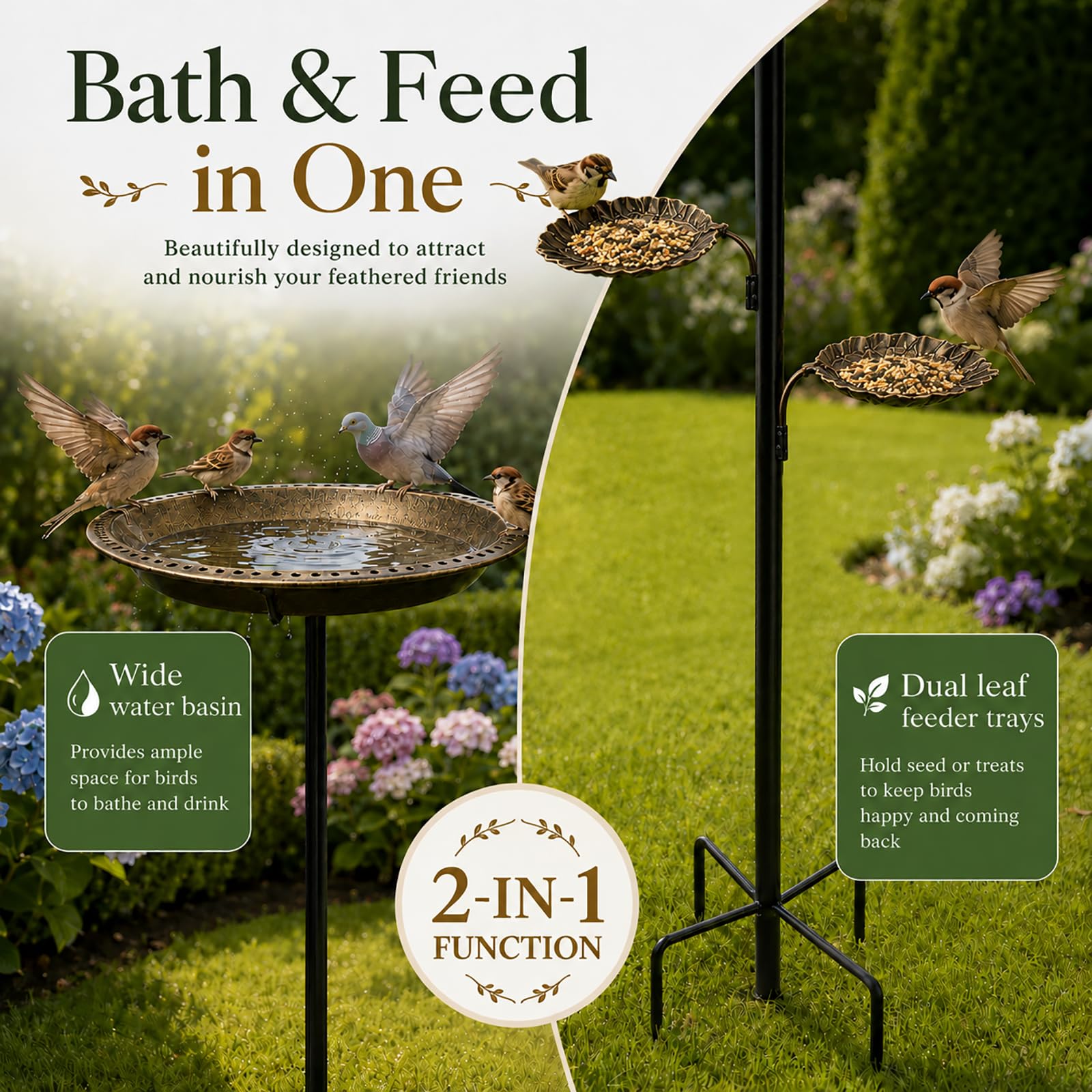Metall Vogeltränke Stehend, 2 in 1 Vogelbad & Futterschale,Bird Bath für Garten, Vintage Vogeltränke Balkon, Freistehendes Vogelbad Gartenstecker, Wassertränke für Vögel