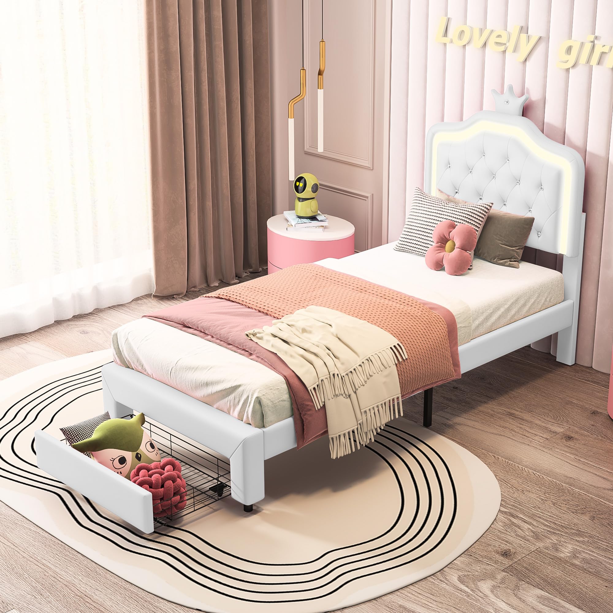 Lit Princesse Enfant 90x200 cm avec Tiroirs de Rangement, Tête de Lit Capitonnée avec LED et Décor Couronne, Revêtement en Similicuir Blanc – Design Féérique pour Fille (Blanc, 90x200 cm)