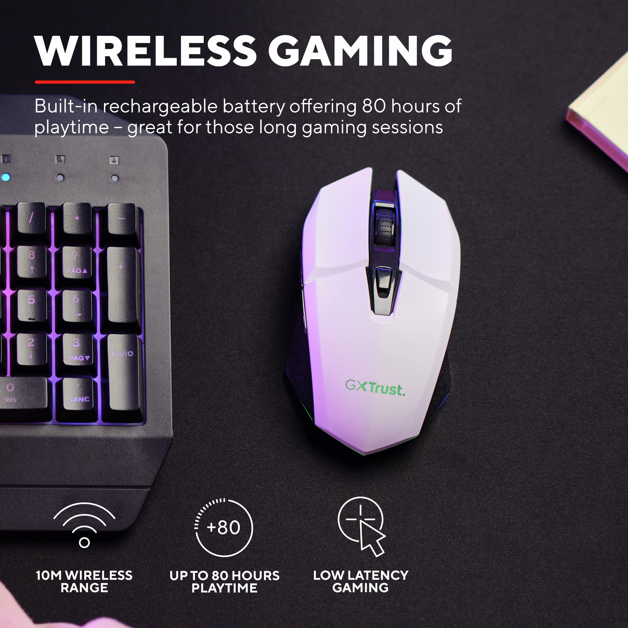 Trust Gaming GXT 794W Kit 3-in-1 Mouse e Tastiera Gaming TKL, Layout Italiano QWERTY, Tastiera Plastica Riciclata, Mouse Wireless 80 Ore di Autonomia, Tappetino, Bundle Pacchetto Gamer RGB PC, Bianco