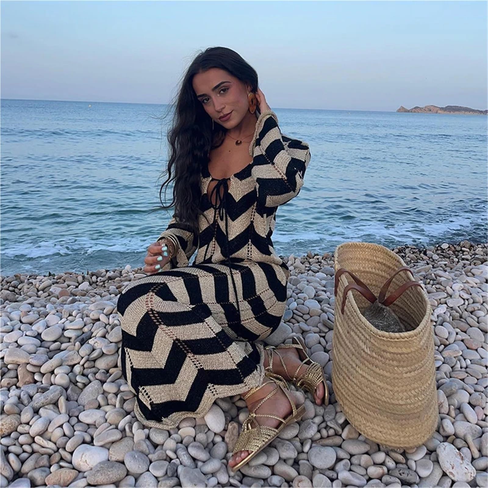 Robe De Plage Robe de Plage en Tricot rayé à Manches Longues et à Lacets, Robe de Plage en Tricot Fin, ajourée, col carré, Robes for Femme pour Femmes