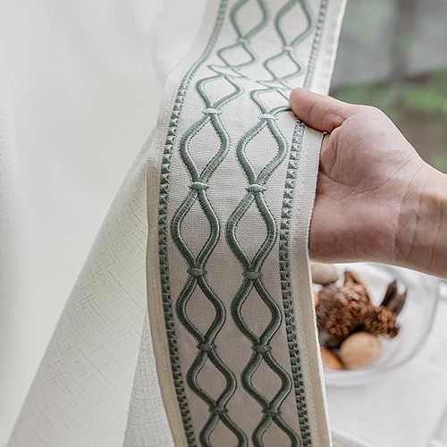 White Colour Linen Curtain Panels with Embroidered Trim Design, Pinch Pleat Curtains, Semi-Sheer Curtains for Sliding Patio Doors Bedroom (2 Panels) (50W x 108L)