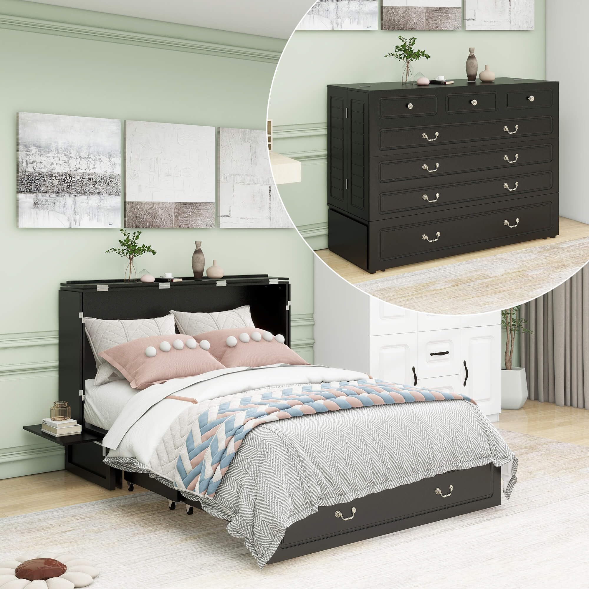 (incomplete) Queen Murphy Bed with Mattress Murphy Bed Cabinet with Drawers Queen Murphy Bed with Charging Station Bedrooom Murphy Cabinet Chest Bed with Storage Space Saving Murphy Bed, 84"x 60"x 44" Black
