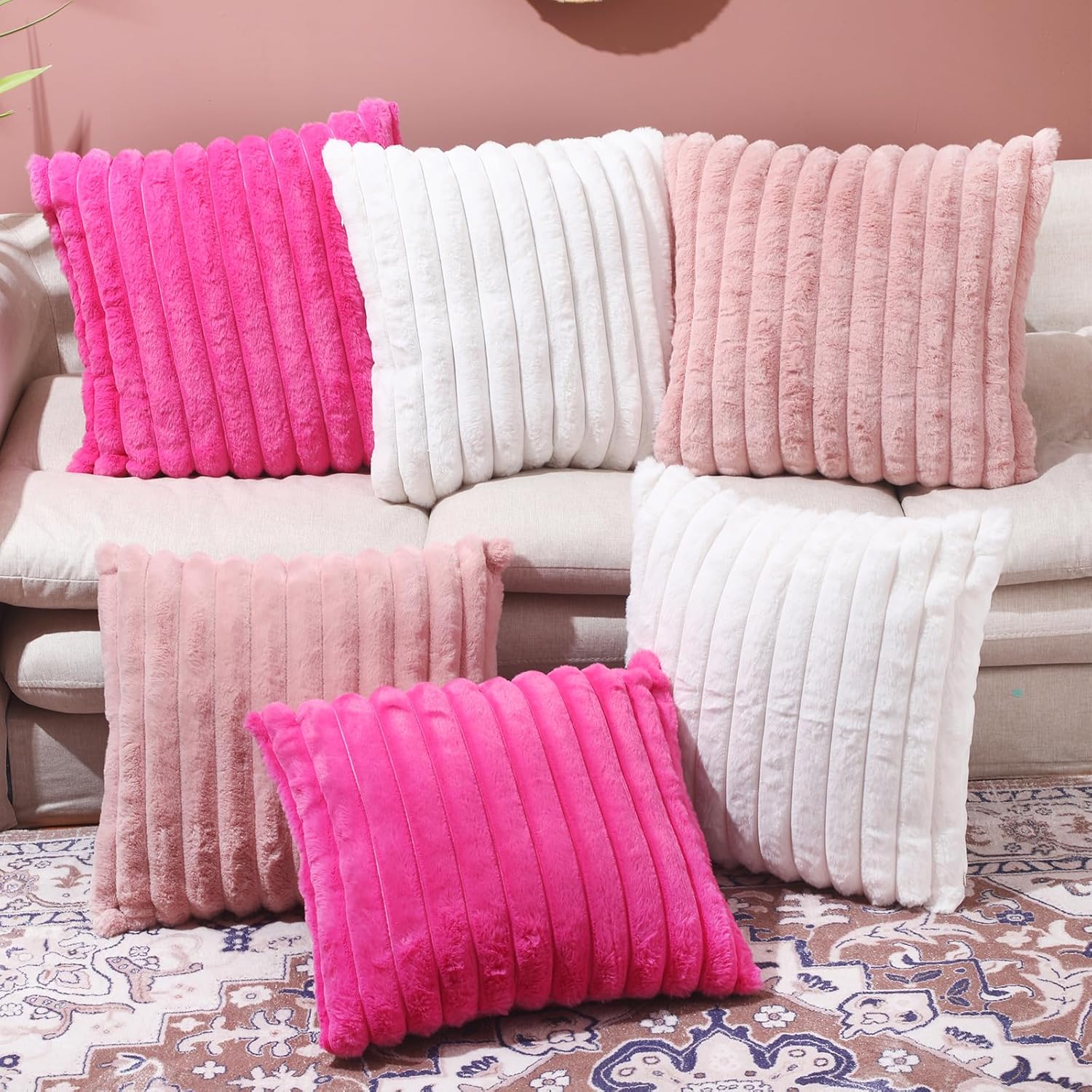 Peryiter Set of 6 Hot Pink Throw Pillow Cover, White and Blush Pink Pillowcase Gift 18 x 18 Inch Faux Fur Plush Couch Pillowcase Soft Velvet Cozy Fluffy Striped Pillow Case for Sofa Bed Home Spa Decor