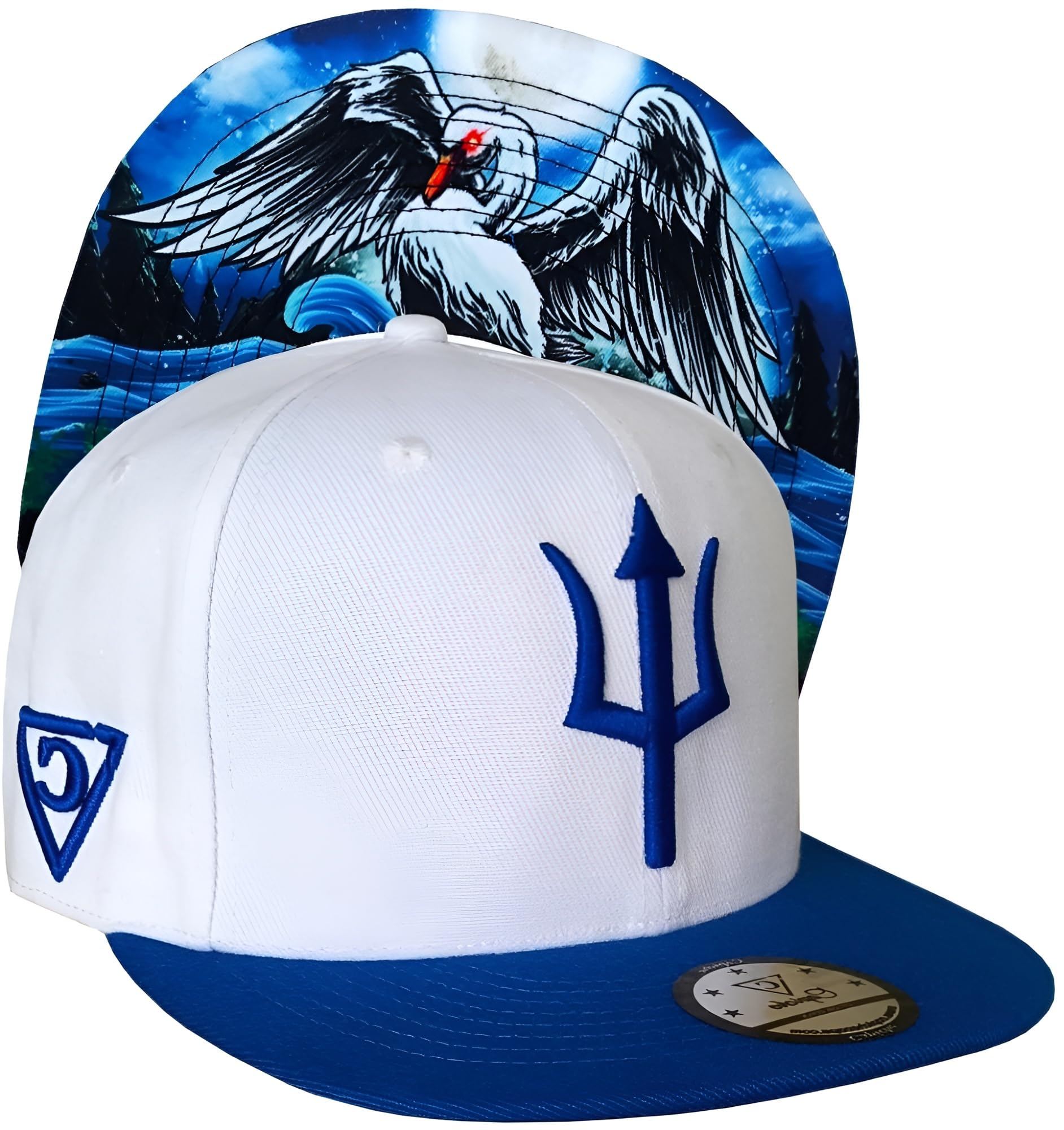 Capiche [99+ Variations] Cycnus Snapback Cap - White Hat with Blue Brim, Embroidered Trident Logo, Mythical Swan Undervisor Art, Adjustable for Greek Mythology and Stylish Streetwear Fans