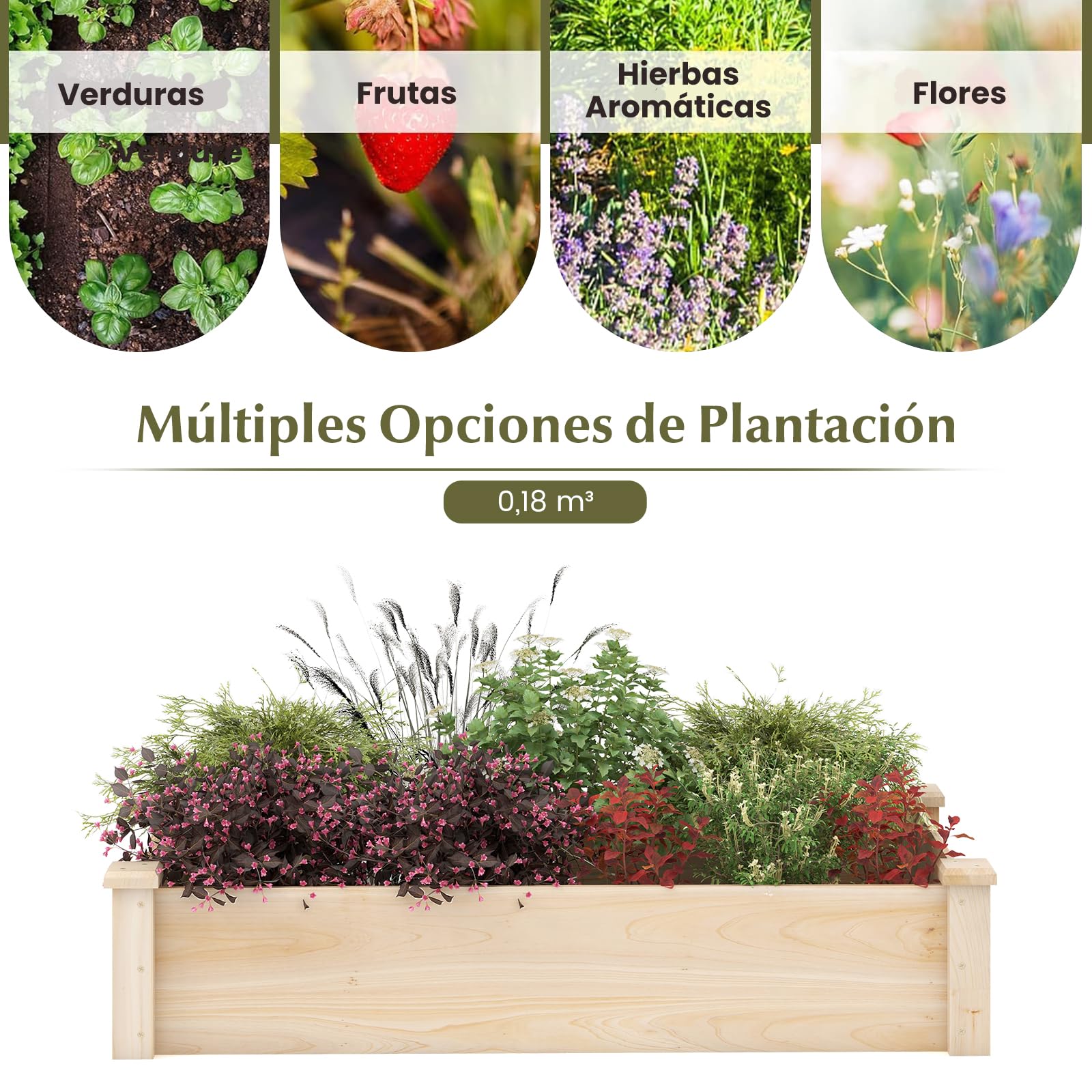 GOPLUS Cama de Jardín Elevada de Madera, Huerto de Plantación Rectangular para Verduras, Frutas, Flores, Hierbas, 120 x 61 x 25,5 cm Jardinera Elevada Exterior para Jardín, Patio, Césped
